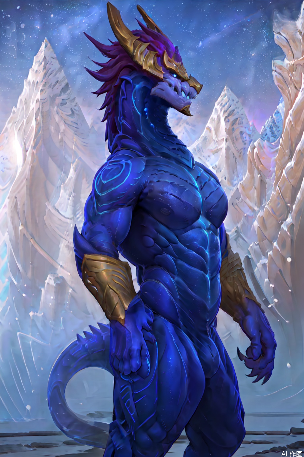 solo, 1boy, jewelry, tail, male focus, outdoors, sky, from side, colored skin, star \(sky\), claws, snow, starry sky, mountain, blue skin,character:AurelionSol,dragon furry