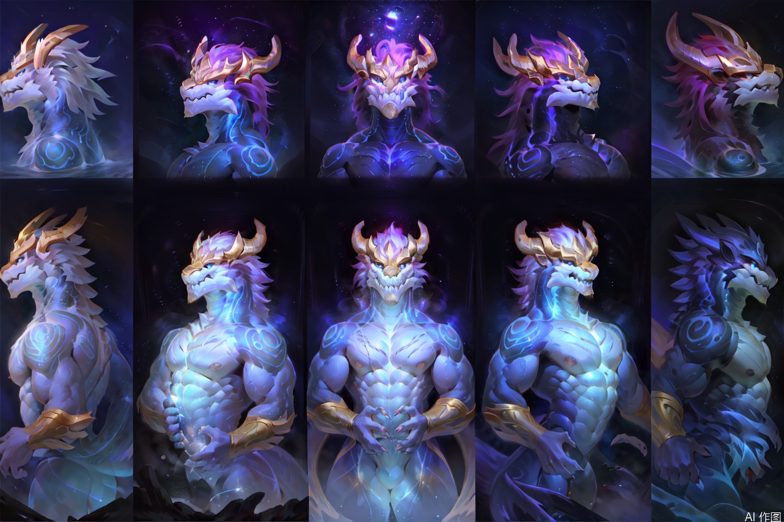 solo,  only the head, 1boy, character:AurelionSol, golden circular heavy pupils, white hair, male focus, horns, blue  eyes, muscular, thick eyebrows, pectorals, muscular male, bara, furry, wading, large pectorals, furry male,  Multiple perspectives, dragon boy