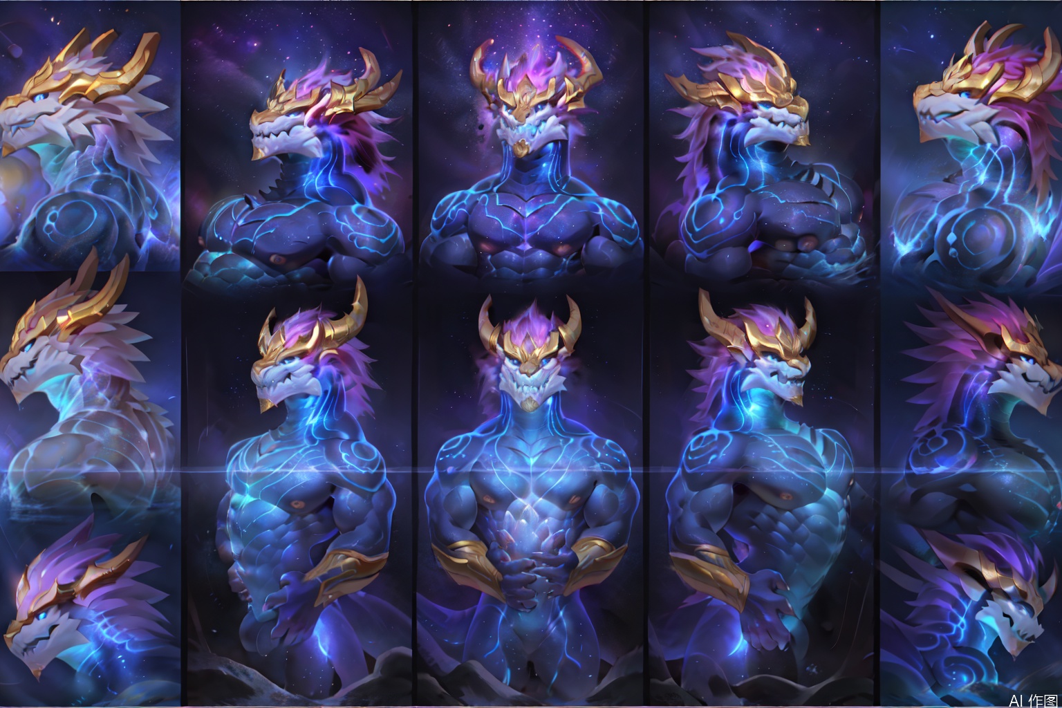 solo,  only the head, 1boy, character:AurelionSol, golden circular heavy pupils, white hair, male focus, horns, blue  eyes, muscular, thick eyebrows, pectorals, muscular male, bara, furry, wading, large pectorals, furry male,  Multiple perspectives, dragon boy