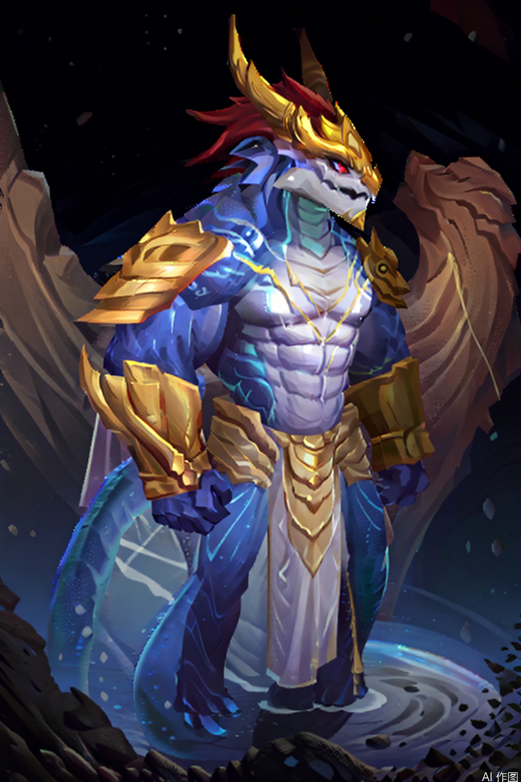 solo, looking at viewer, short hair, 1boy, dragon ears, male focus, cape, armor, muscular, feet out of frame, glowing, pectorals, muscular male, shoulder armor, water, glowing eyes, furry,dragon furry, large pectorals, furry male, dragon,character:AurelionSol