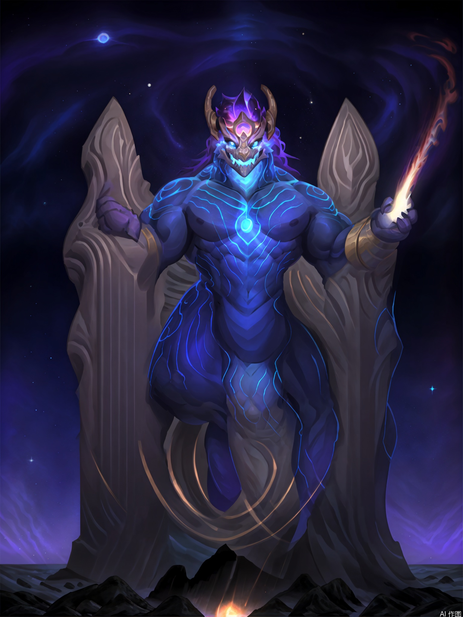 solo, 1boy,only one tail, red giant star,full body, dragon furry, furry, male focus, quasar muscles, huge and magnificent pictures, epic textured skin, bursting cosmetic vi sion, planet, purple starry sky, solemn white marble sculpture, glowing, the crown of the star, the nature of the universe, holding a black hole, pillar, translucent, the dragon of cosmic stars, the indescribable horror,long hair composed of tiny purple glowing stars