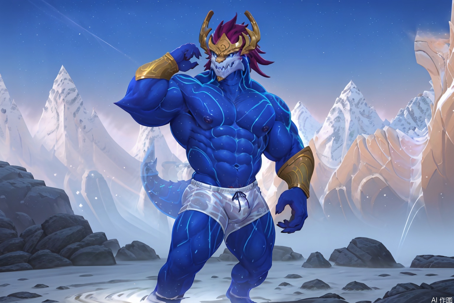 solo, looking at viewer, smile, 1boy, navel, animal ears, nipples, tail, male focus, medium hair, water, stomach, muscular, abs, pectorals, muscular male, goggles, bara, furry, large pectorals, bulge, topless male, furry male, white fur, male swimwear, navel hair, swim trunks, swim briefs, dragon boy,dragon furry,character:AurelionSol