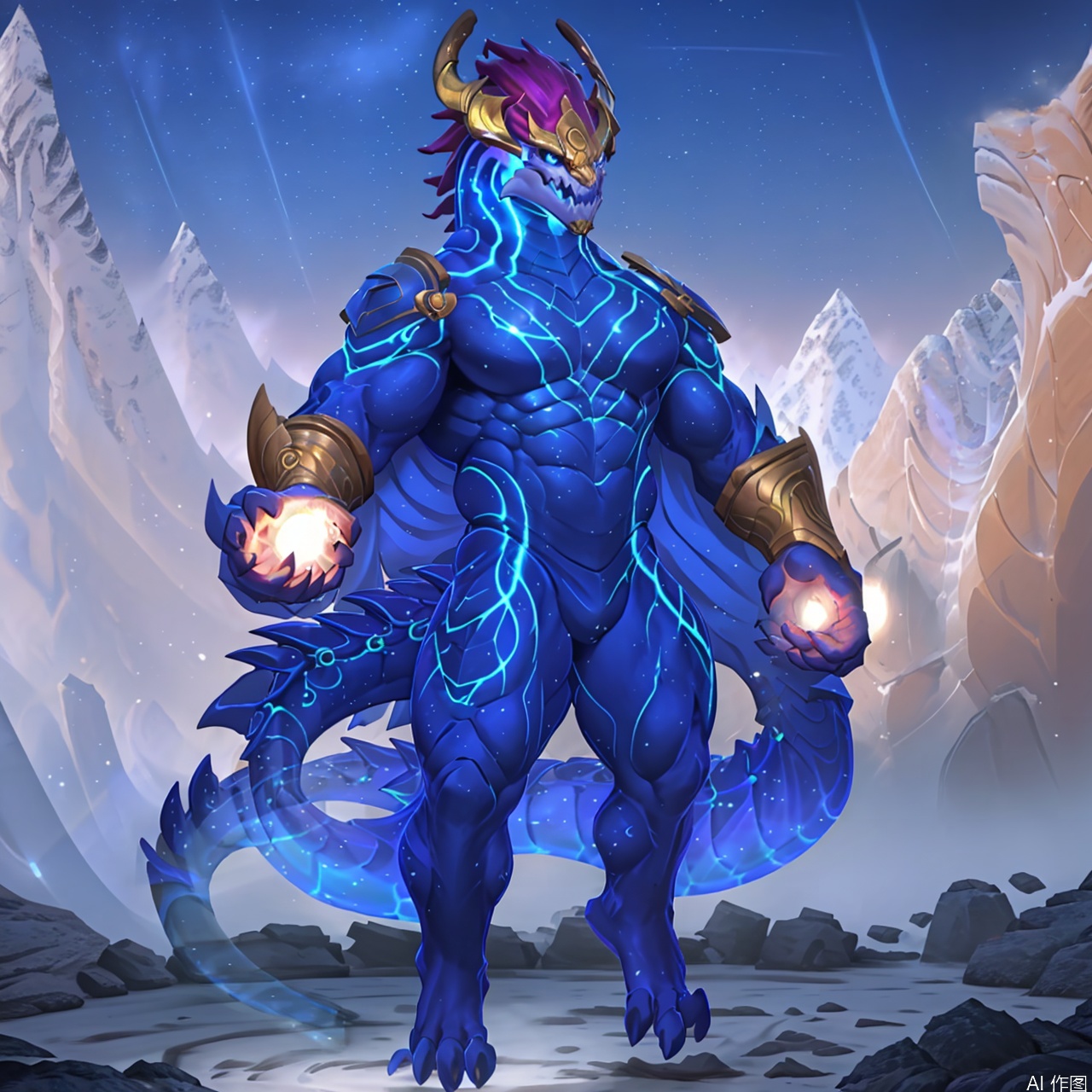 solo, looking at viewer, short hair, 1boy, dragon ears, male focus, cape, armor, muscular, feet out of frame, glowing, pectorals, muscular male, shoulder armor, water, glowing eyes, furry,dragon furry, large pectorals, furry male, dragon,character:AurelionSol