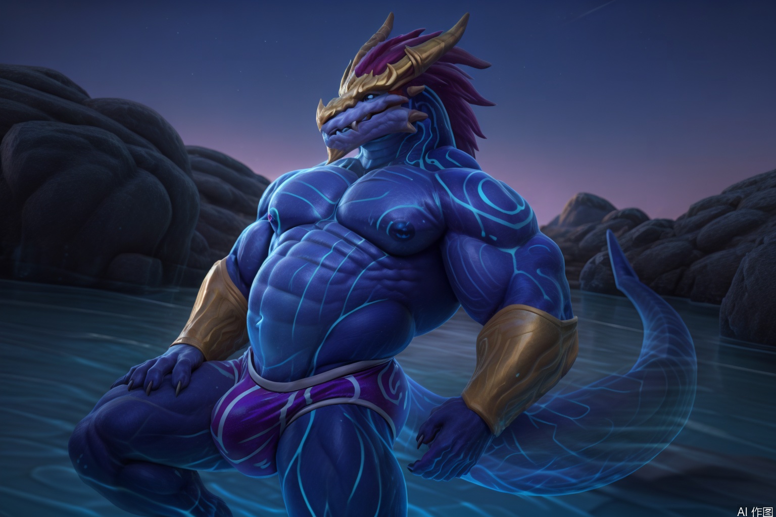 solo, looking at viewer, smile, 1boy, navel, animal ears, nipples, tail, male focus, medium hair, water, stomach, muscular, abs, pectorals, muscular male, goggles, bara, furry, large pectorals, bulge, topless male, furry male, white fur, male swimwear, navel hair, swim trunks, swim briefs, dragon boy,dragon furry,character:AurelionSol