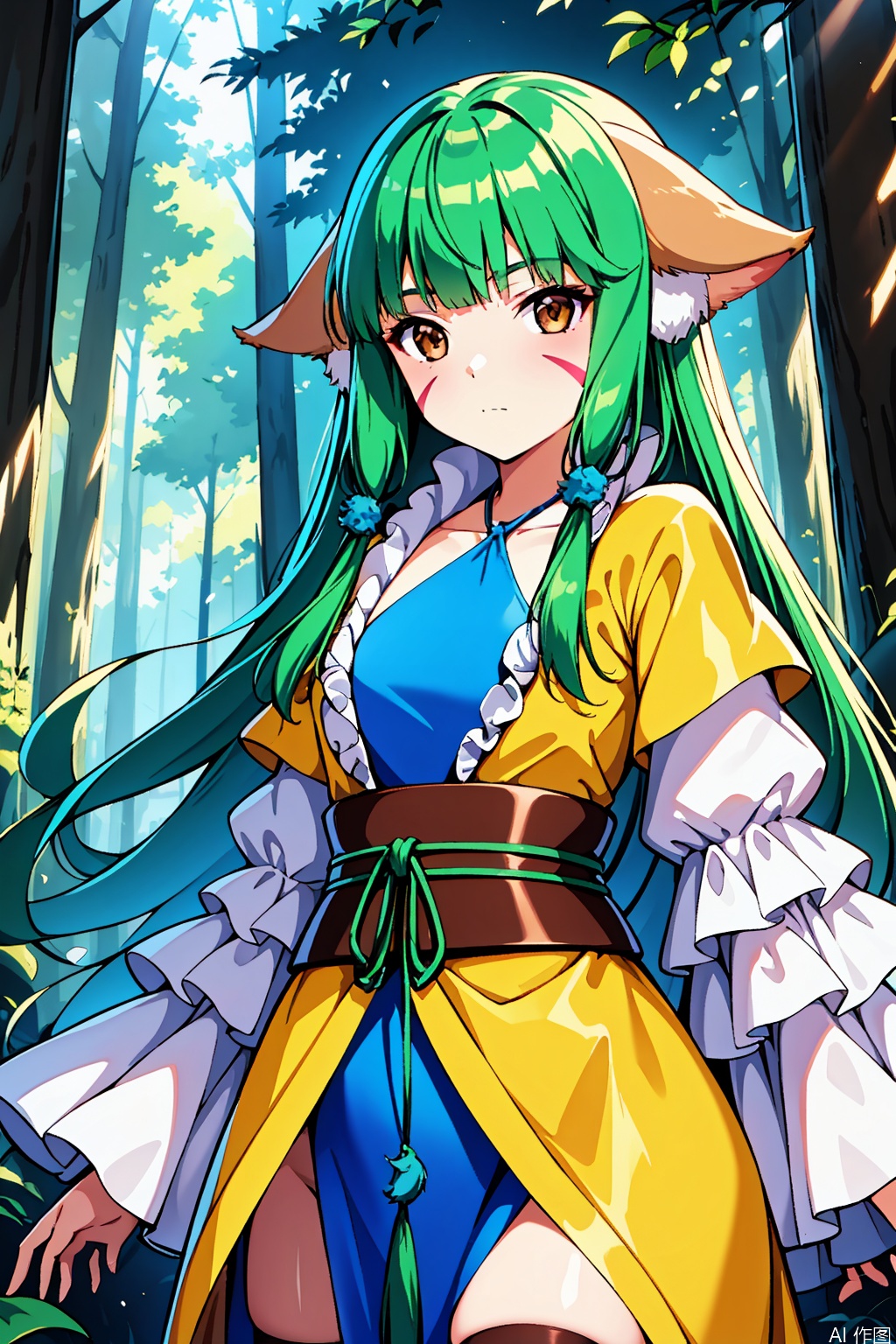 1girl, solo, tushanrongrong, brown eyes, green hair, facial mark, animal ears, yellow robe, frilled sleeves, halterneck, sash, blue dress,,,Forest,Thigh exposed,thighhighs,upper body,looking at viewer,