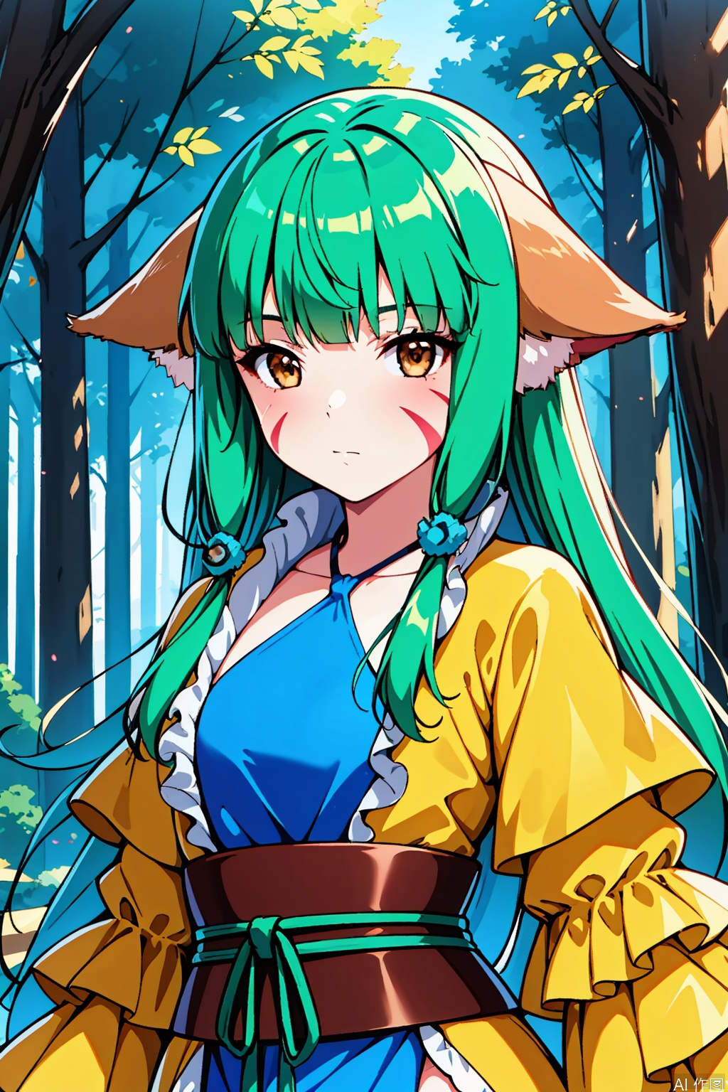 1girl, solo, tushanrongrong, brown eyes, green hair, facial mark, animal ears, yellow robe, frilled sleeves, halterneck, sash, blue dress,,,Forest,Thigh exposed,thighhighs,upper body,looking at viewer,