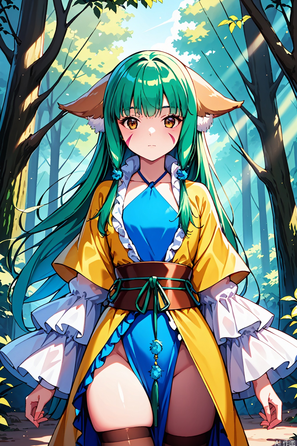 1girl, solo, tushanrongrong, brown eyes, green hair, facial mark, animal ears, yellow robe, frilled sleeves, halterneck, sash, blue dress,,,Forest,Thigh exposed,thighhighs,upper body,looking at viewer,