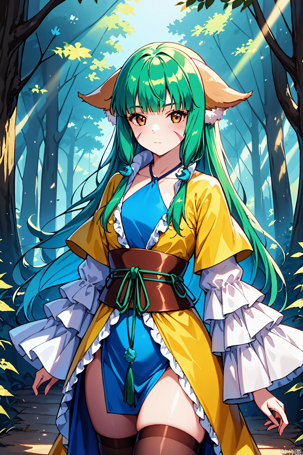 1girl, solo, tushanrongrong, brown eyes, green hair, facial mark, animal ears, yellow robe, frilled sleeves, halterneck, sash, blue dress,,,Forest,Thigh exposed,thighhighs,upper body,looking at viewer,
