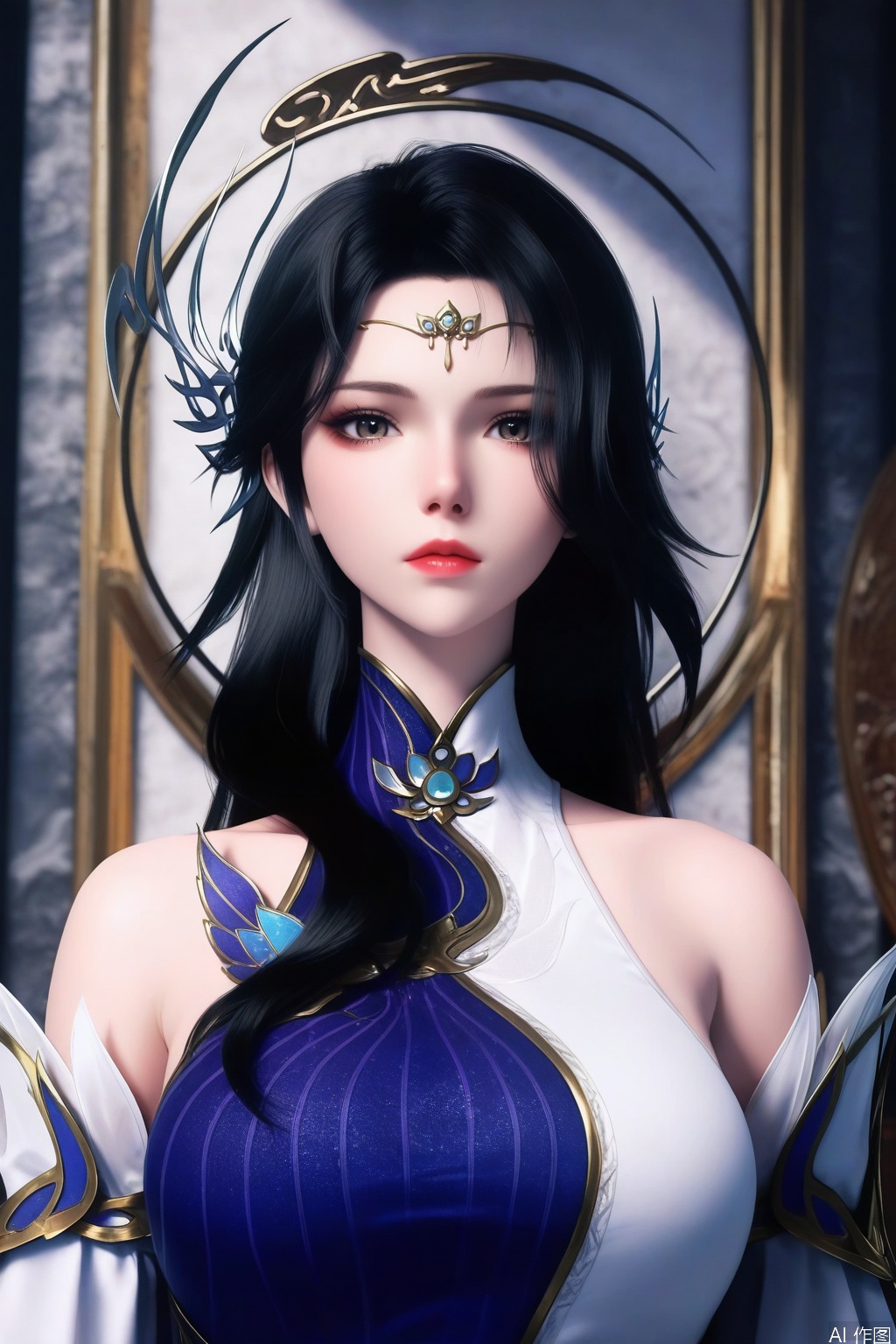  masterpiece, high quality image, high detail image,
1girl, solo, long hair, looking at viewer, black hair, hair ornament, dress, bare shoulders, upper body, shiny, expressionless, highly detailed,ultra-high resolution,32K UHD,sharp focus,best-quality,masterpiece,