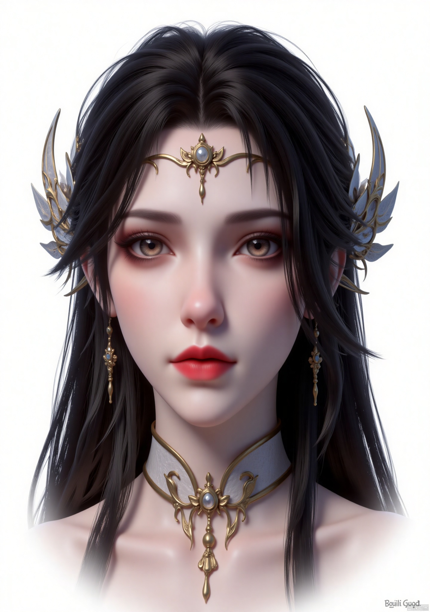 The image depicts a highly detailed digital artwork of a young woman with long
dark hair. She is adorned with an ornate headpiece featuring a central gemstone and intricate gold designs. Her eyes are large and expressive
with subtle makeup enhancing their natural beauty. She is wearing a traditional-style garment with a high collar
and her lips are painted a vibrant red. The background is plain white
drawing attention to the detailed and elegant features of the character.

