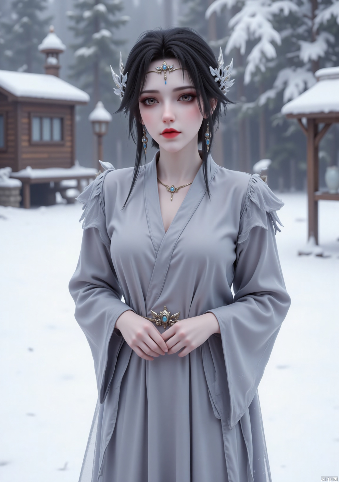 The image depicts a woman standing in a snowy landscape. She is dressed in a traditional, flowing grey robe with wide sleeves, and her hair is styled elegantly with decorative silver ornaments. Her makeup is subtle yet striking, with red lipstick and blue markings on her face. She is standing with her hands gently clasped in front of her. In the background, there are snow-covered trees and a wooden structure, possibly a pavilion or a small house, partially obscured by the snow. The overall scene has a serene and wintry atmosphere.,zichu

