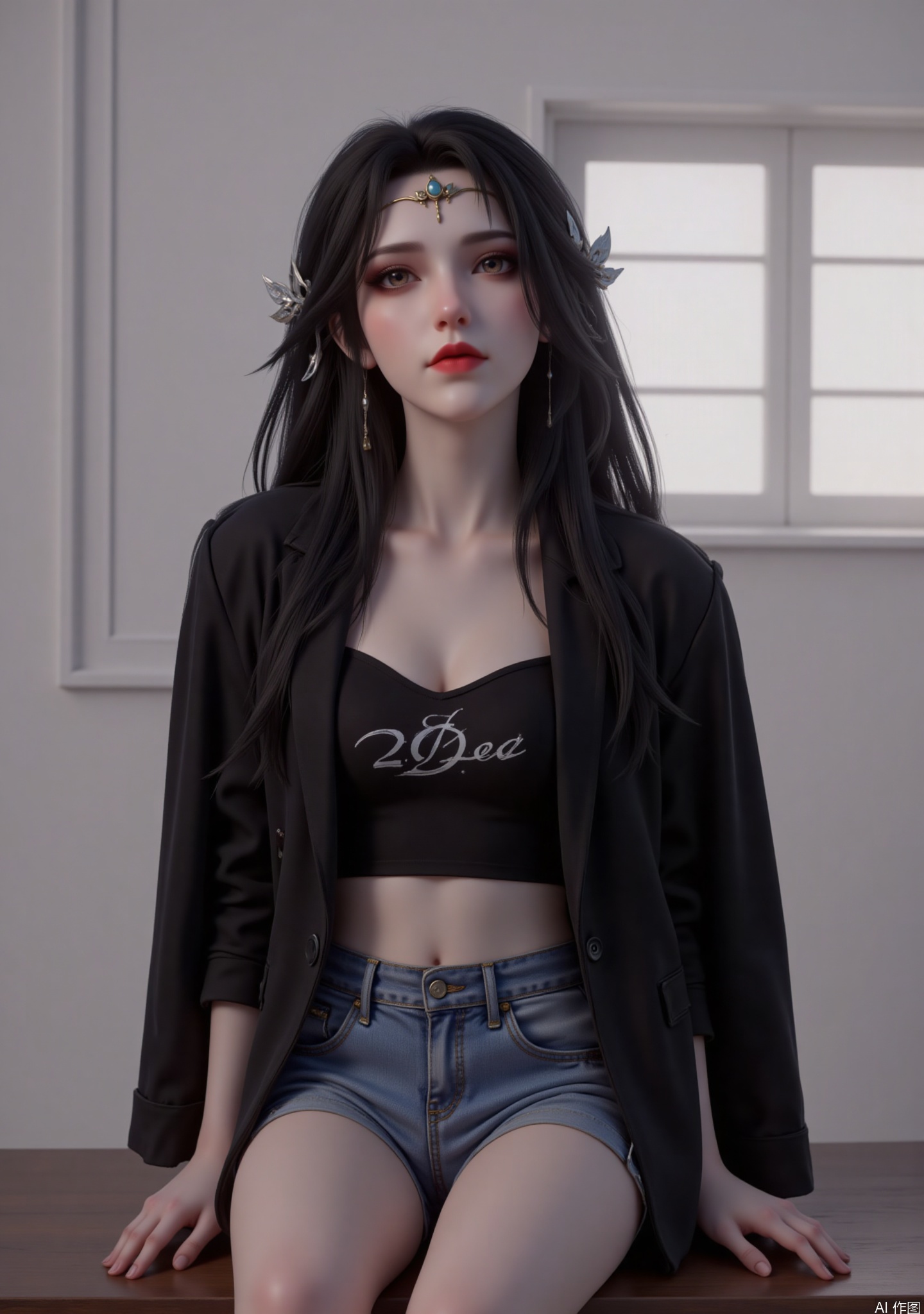 The image depicts a young woman with long black hair, adorned with a silver hair clip and a blue gemstone on her forehead. She is wearing a black blazer over a cropped black crop top with white text and denim shorts. Her makeup is prominent, with dark eyeliner and red lipstick. She is sitting on a wooden bench, leaning slightly forward with her hands resting on the bench. The background is a plain wall with a window that has closed blinds. The overall setting appears to be indoors, with soft lighting creating a calm atmosphere.


