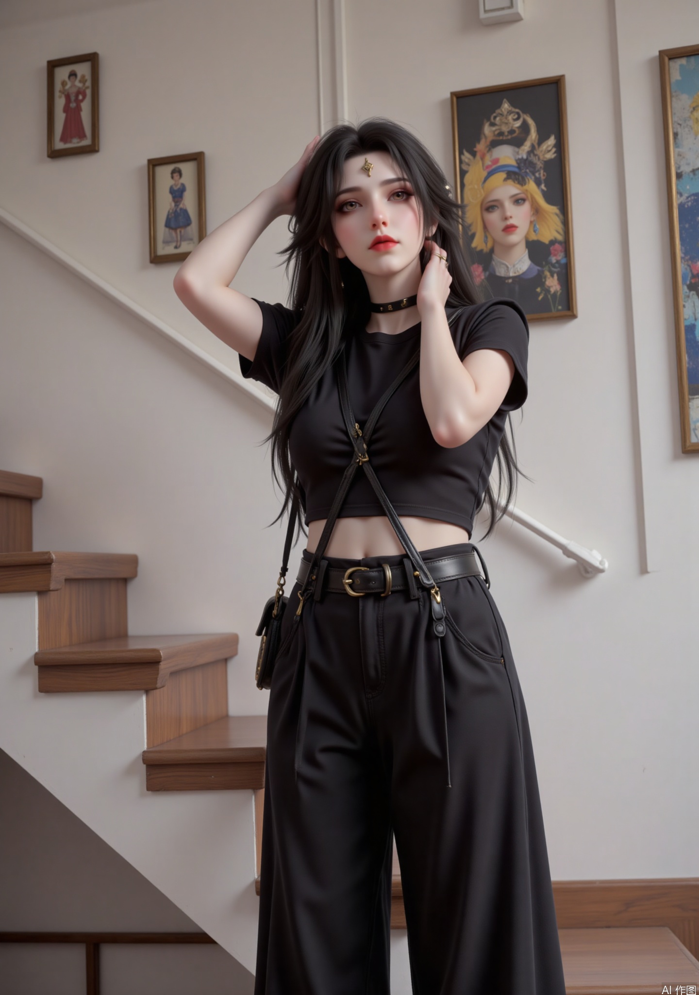 The image depicts a young woman standing in an indoor setting. She is wearing a black crop top with short sleeves and high-waisted pants with a wide belt. Her outfit is accessorized with a black choker and a black shoulder bag. She has long, dark hair and is posing with her hands behind her head. The background features a staircase with wooden steps, a wall adorned with framed artwork, and a mix of abstract and possibly vintage-style designs. The overall atmosphere is modern and stylish, with a focus on the woman's fashionable attire and the artistic elements in the room.

