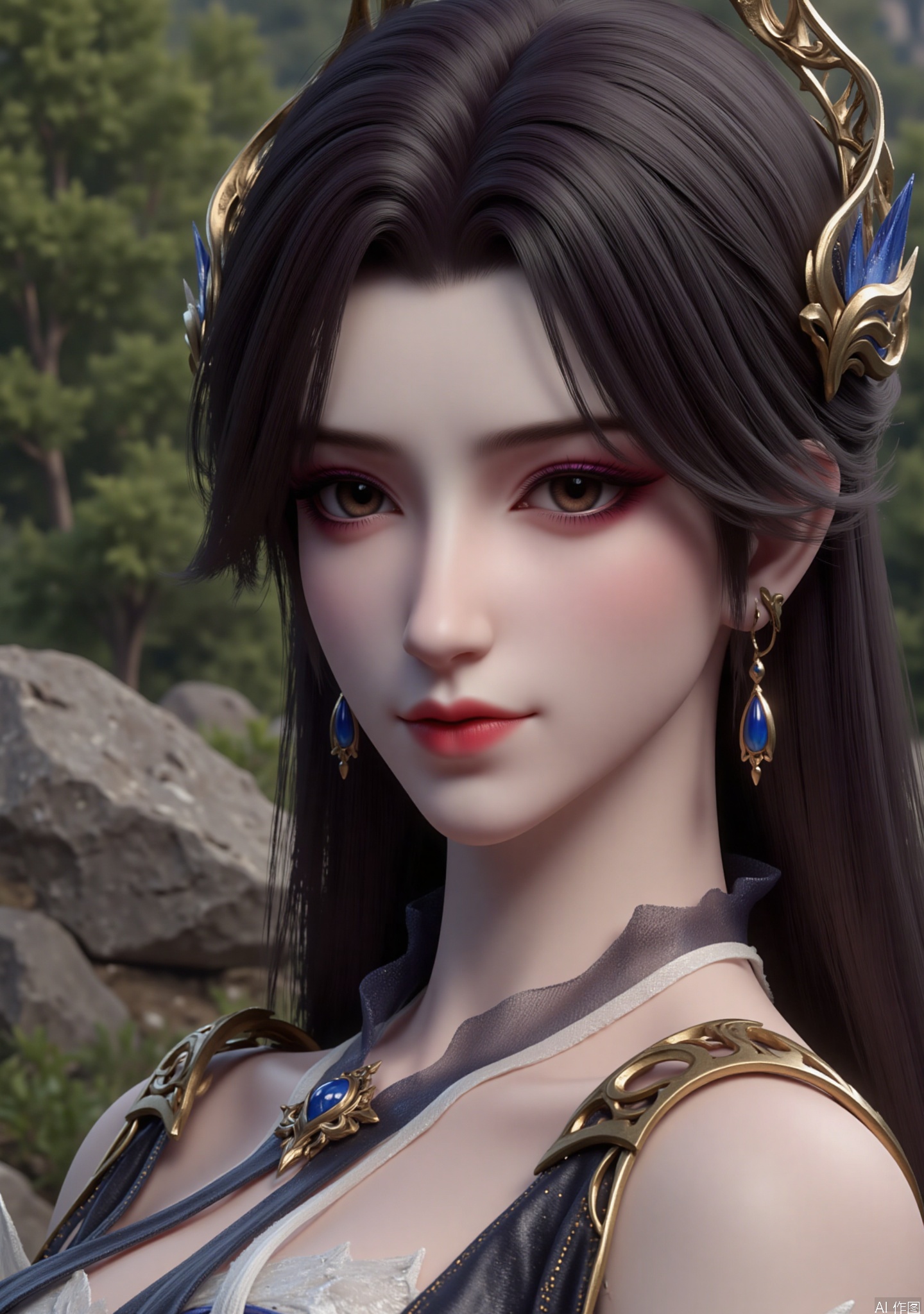 The image depicts a close-up of a character with long, dark hair adorned with intricate blue and gold accessories. The character has a serene expression with pink eyeshadow and a subtle smile. The background is blurred, featuring a natural setting with green foliage and rocky terrain, suggesting an outdoor environment. The character is wearing a piece of ornate, golden-colored clothing.