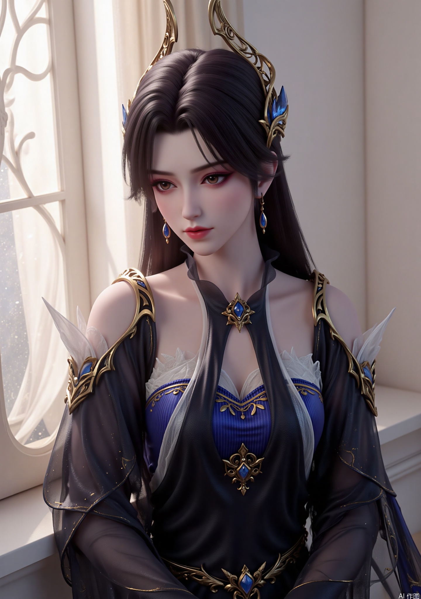 "This image depicts a woman with long black hair, with amber eyes and pink red lips, with a light makeup and a golden headdress with an intricate design.

She is slim and dressed in dark ornate outfits with intricate gold and blue decorative details. The apparel includes a long flowing robe with a high neckline and shoulder armor.

The woman sat by the window, with a gentle white window screen in the background, and the sun shone through the window, creating a warm and slightly lazy atmosphere. "