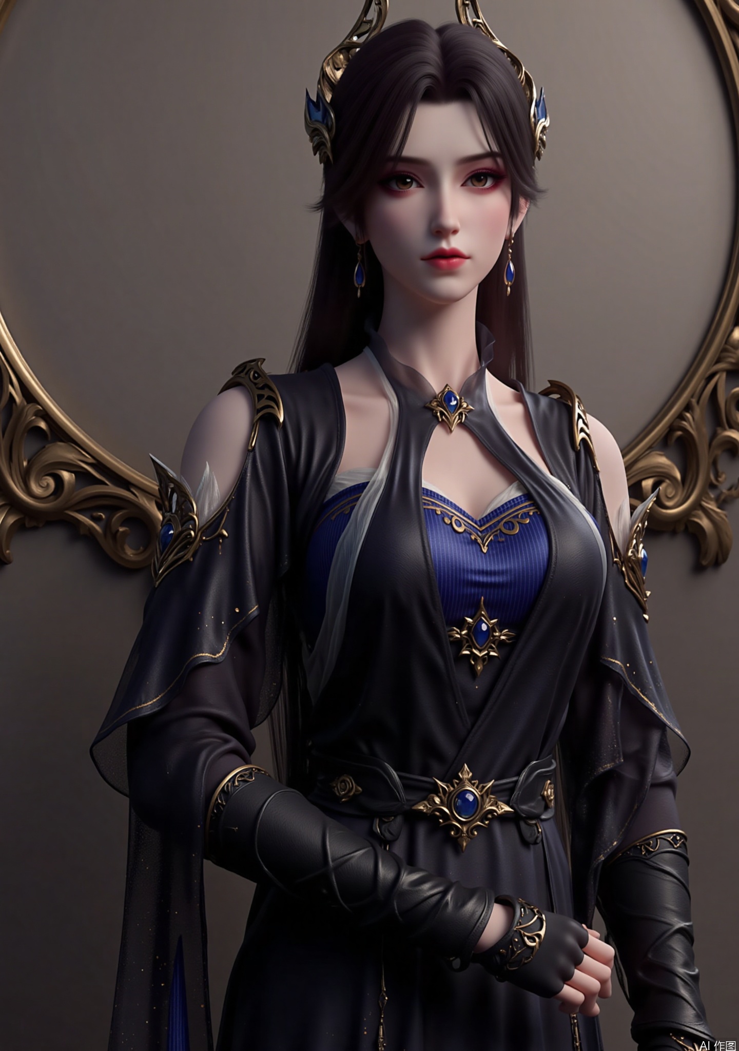 This image depicts a woman with long black hair, with amber eyes and pink red lips, with a light makeup and a headdress with two prominent corners adorned with intricate ornate accessories. There is also a delicate earring

The character is dressed in dark ornate costumes with intricate gold and blue decorative details. The apparel includes a long flowing robe with a high neckline and shoulder armor. The character also wears black arm guards and a belt with a large round badge in the center. The background is blurred, but it appears to be an indoor setting with ornate, decorative elements, possible a room with a large mirror or window. The overall aesthetic suggests a fantasy or animated environment.