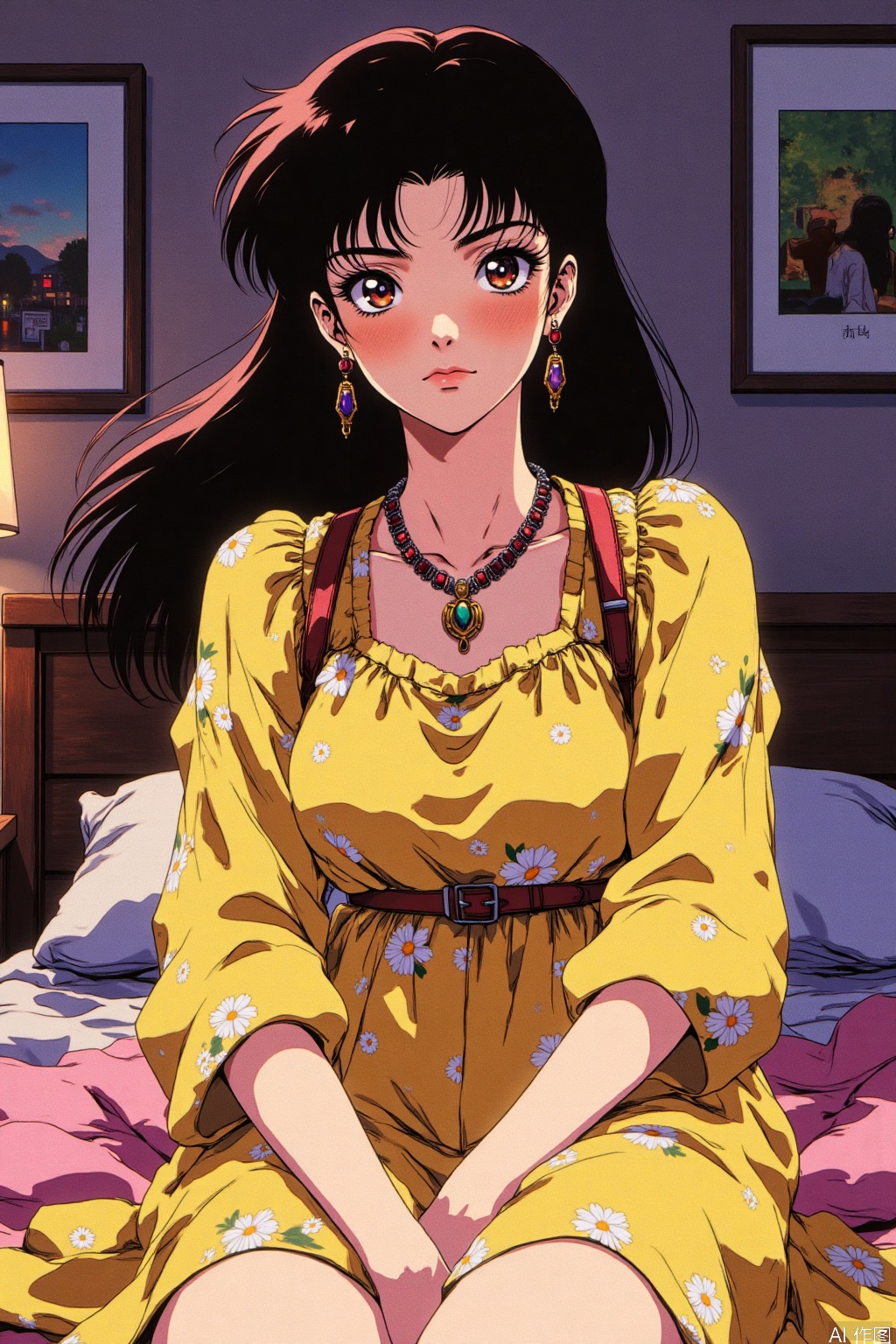 1girl,jewelry,necklace,realistic,black hair,brown eyes,long hair,(yellow printed dress:1.1),solo focus, room,neon lights, bed, pillow, YZLS, qipao