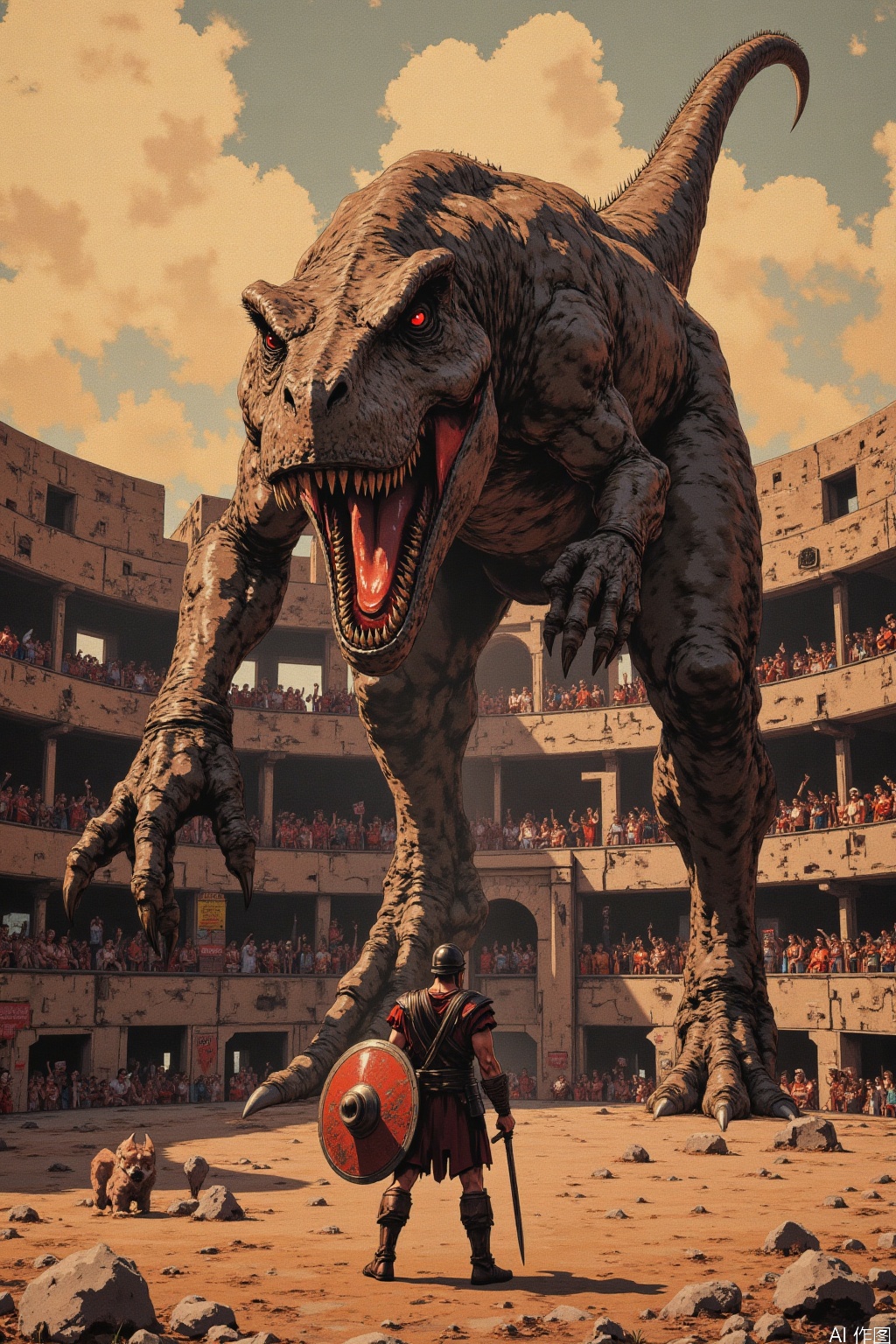 A Spartan warrior stands triumphantly in the ancient Colosseum, shield and battle-axe at the ready. His fierce gaze locks onto a massive T-Rex, its scaly body coiled and snarling. The warrior's pose exudes strength and determination as he prepares to take on the prehistoric beast in a battle of steel versus scales.