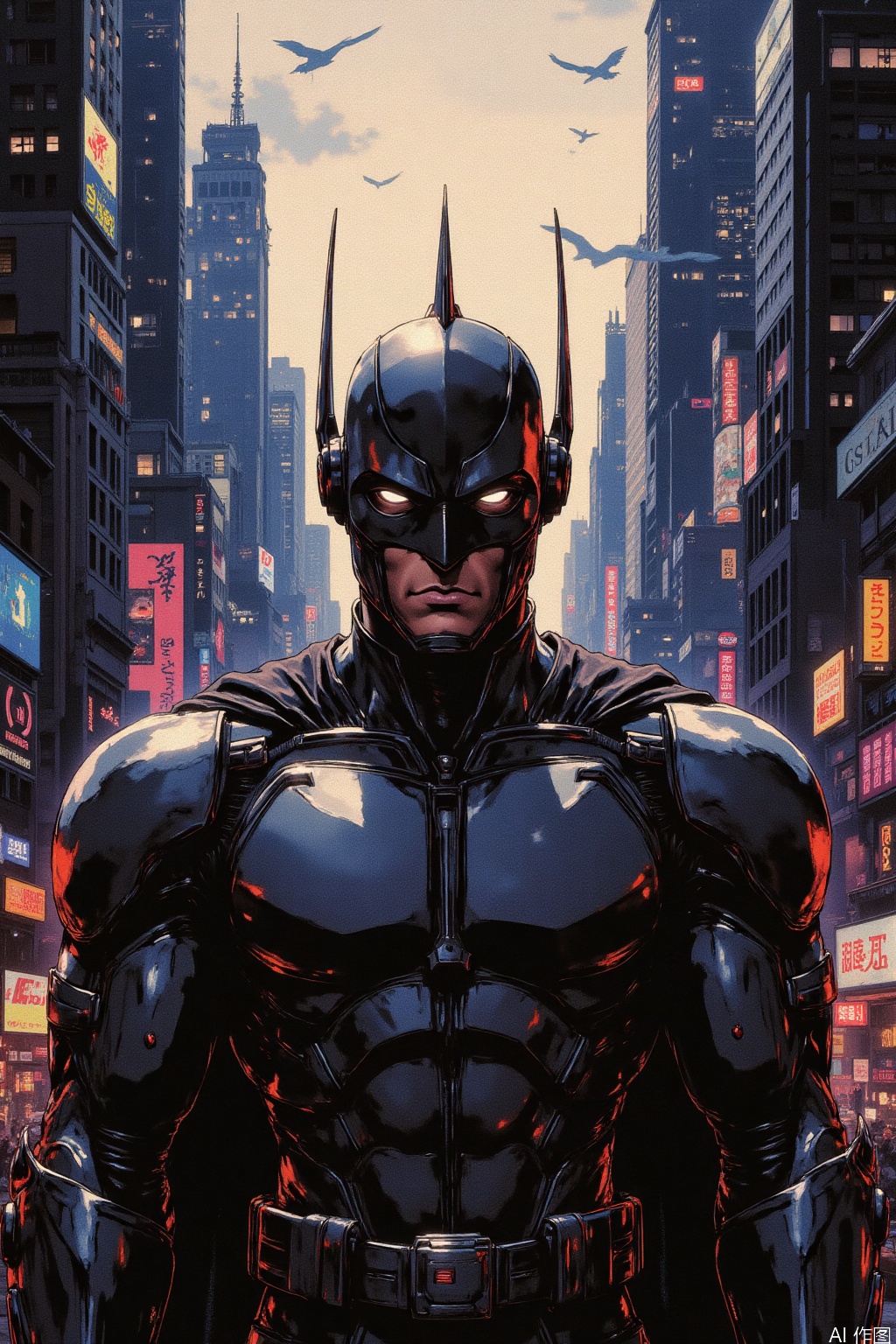 A superhero in a futuristic cityscape, wearing a metallic helmet with a distinctive fin on top, gazing out at the sprawling metropolis as a ray of light illuminates the darkened alleys. The hero's suit is a sleek blend of silver and black, with a bold S emblem emblazoned on their chest.