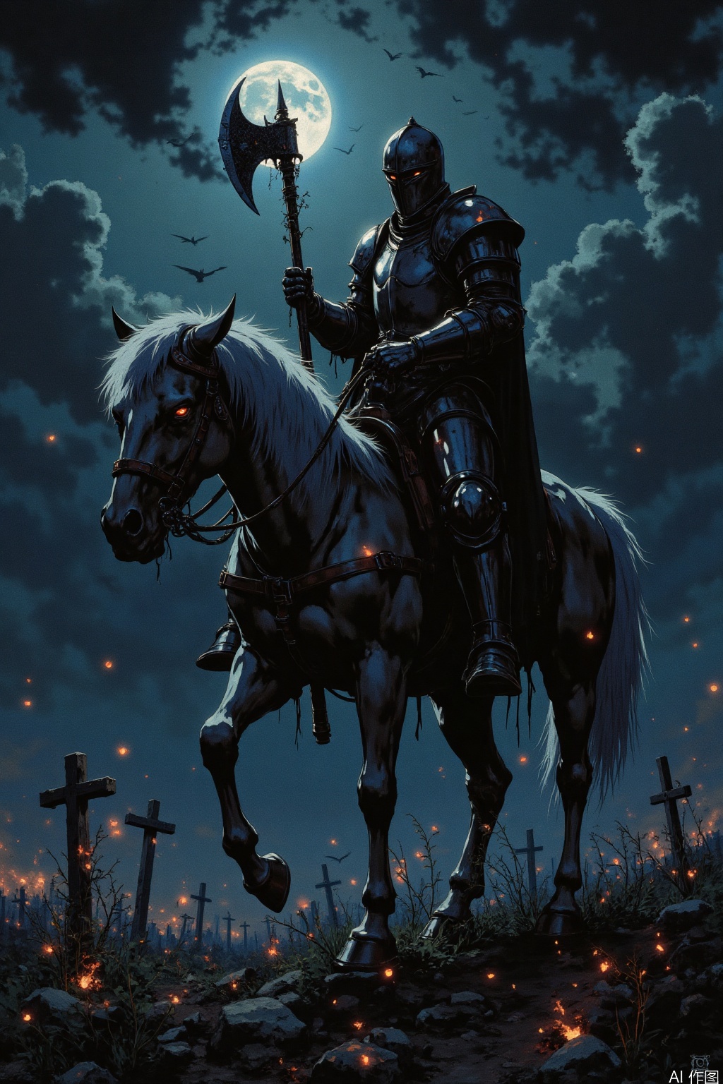 In a dimly lit, misty graveyard at dusk, a spectral knight rides atop a skeletal steed, its bony frame eerily illuminated by the faint moonlight. The knight's gauntleted hand grasps a rusty battle-axe, its blade adorned with cobweb-covered gemstones.