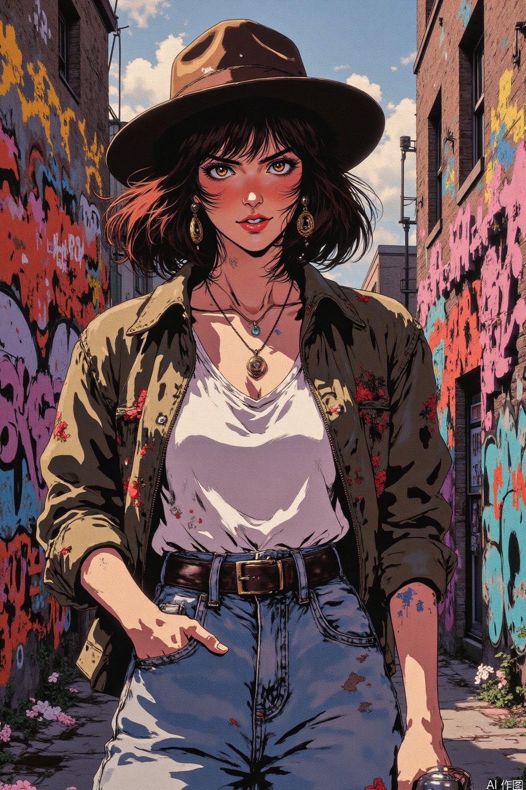 best quality, high resolution, distinct image, best quality, high resolution, distinct image, Original Characters, Natural Volumetric Lighting And Best Shadows, Deep Depth Of Field, Sharp Focus, Portrait Of Stunningly Beautiful Petite Girl, Soft Delicate Beautiful Attractive Face With Alluring Yellow Eyes, Lovely Small Breasts, Sharp Eyeliner, Seductive Smiling, Open Mouth With Cute Fangs Out, Windswept Disheveled Brown Hair, Thick Layered Medium Twintail Hairstyles, Blush Eyeshadow With Thick Eyelashes, Parted Lips, Applejack Hat, Oversized Pop-Art Jacket, Slim Waist With Open Cute Navel, Denim Jeans Pants With Buckle Belt, (Messy Painted Body:1.05), (Holding Spray Paint Can:1.1), (Graffiti Murals Wall Background:1.15), (Standing On Narrow City Streets Crossword:1.2), (Highest Quality, Amazing Details:1.4), Masterpiece, Bloom, Picturesque, Brilliant Colorful Paintings