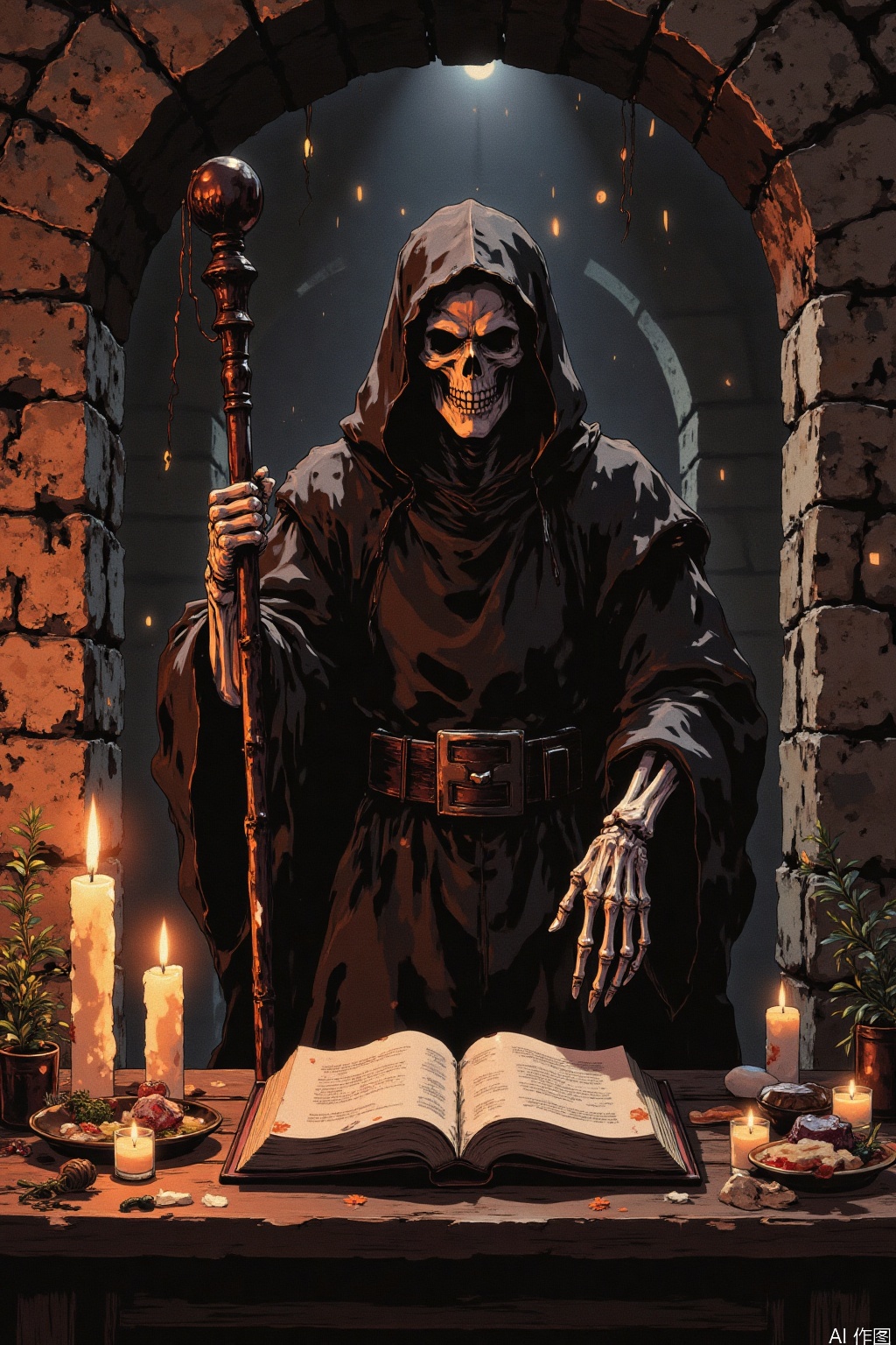 A lone skeleton, hooded and cloaked in tattered black robes, stands confidently before a flickering candlelit altar, its bony hand grasping a worn wooden staff. The dimly lit chamber's stone walls seem to absorb the faint glow, casting eerie shadows on the mage's pale face as it surveys the dark, mystic tome laid open before it.