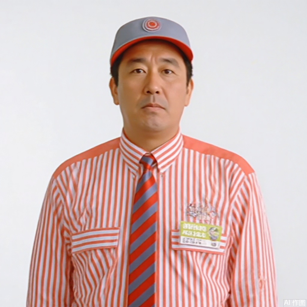 masterpiece, best quality,solo,(white background:1.2),simple background,
looking at viewer,MYDO,necktie,employee uniform,shoes,belt,suit,uniform,vertical-striped shirt,striped shirt,pinstripe suit,pants,shirt,striped,hat