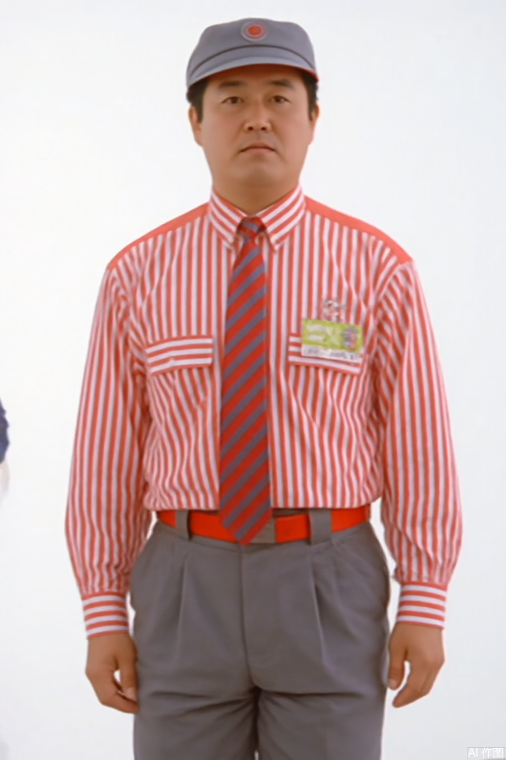 masterpiece, best quality,solo,(white background:1.2),simple background,
looking at viewer,MYDO,necktie,employee uniform,shoes,belt,suit,uniform,vertical-striped shirt,striped shirt,pinstripe suit,pants,shirt,striped,hat
