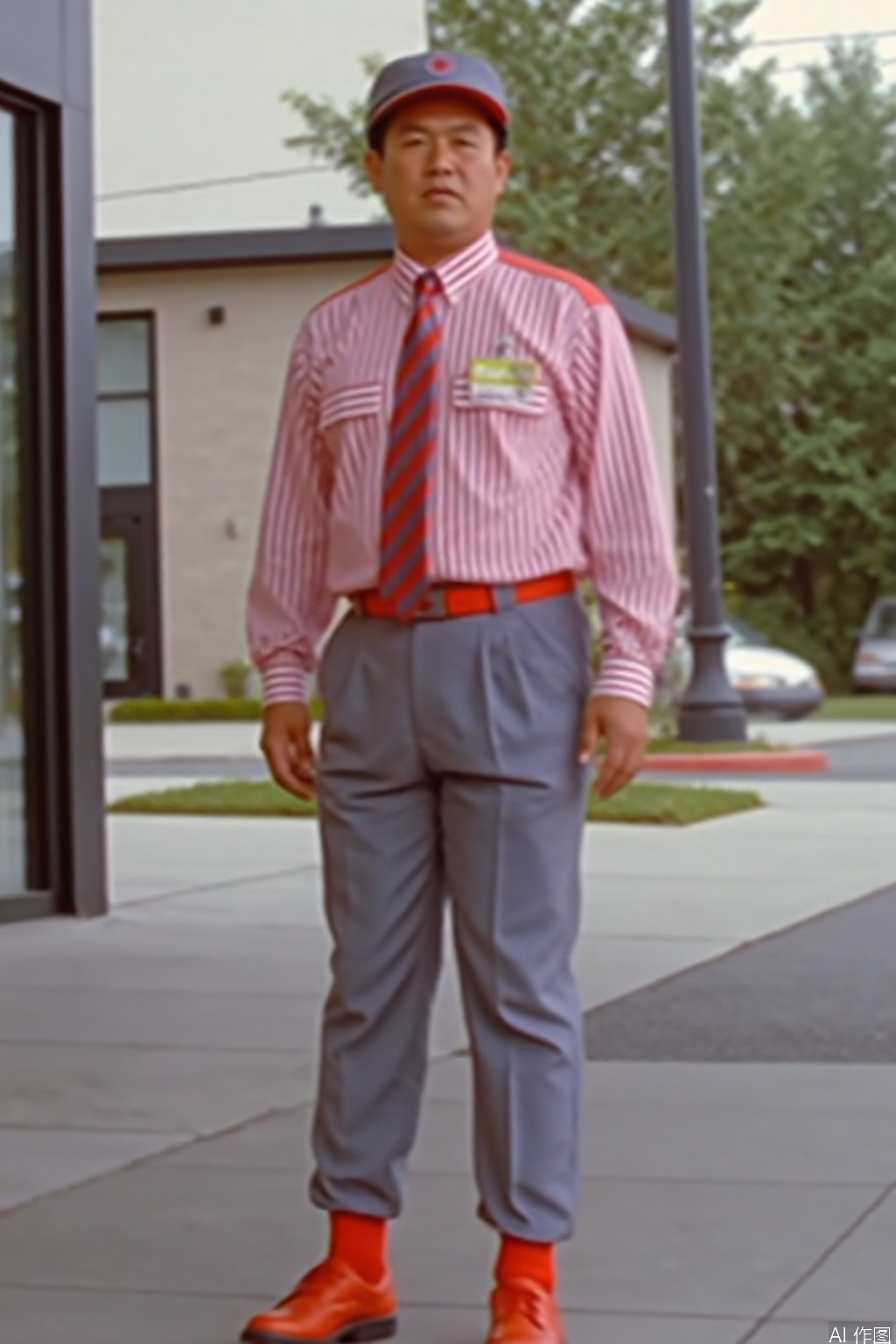 MYDO,necktie,employee uniform,shoes,belt,suit,uniform,vertical-striped shirt,striped shirt,pinstripe suit,pants,shirt,striped,hat