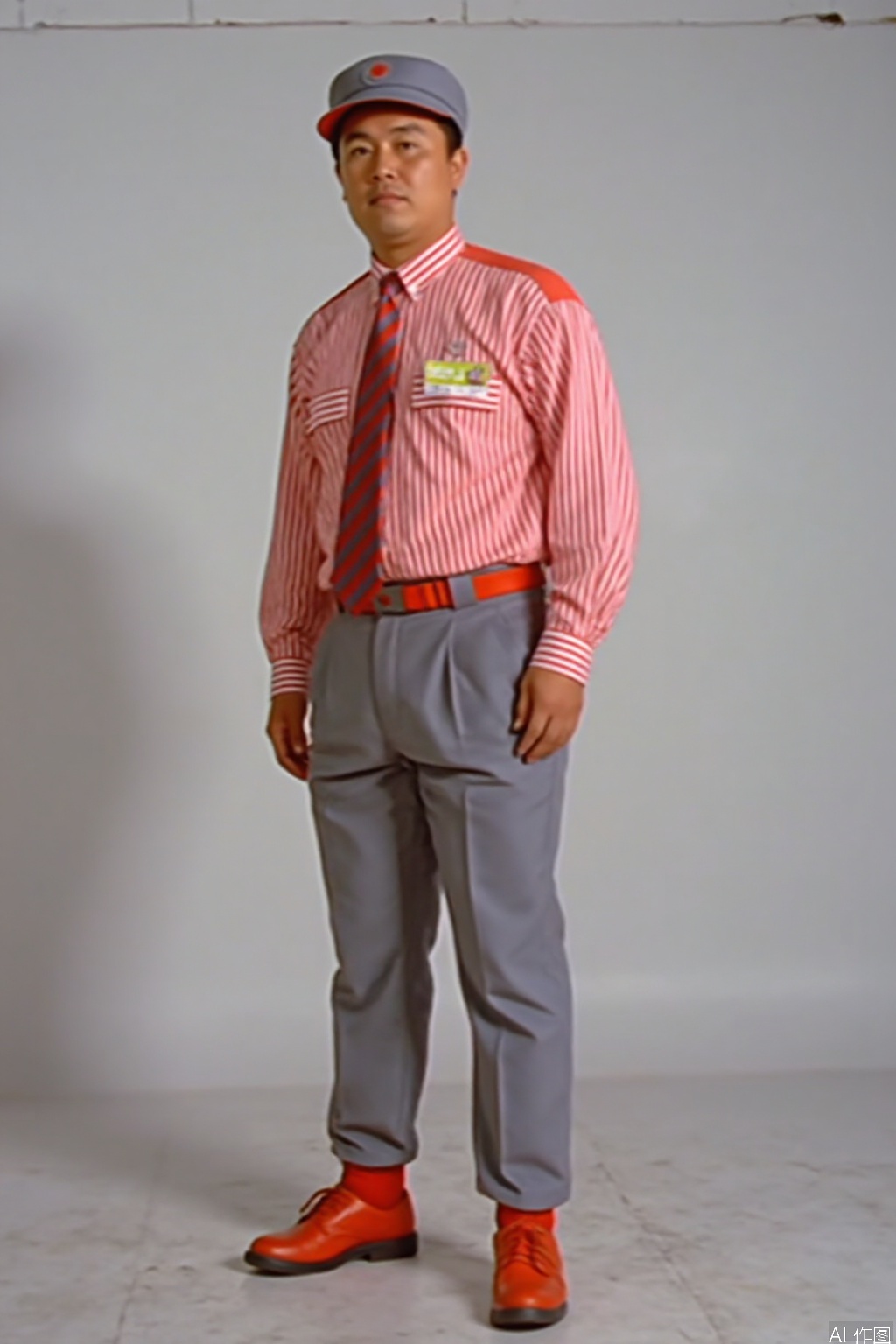 MYDO,necktie,employee uniform,shoes,belt,suit,uniform,vertical-striped shirt,striped shirt,pinstripe suit,pants,shirt,striped,hat