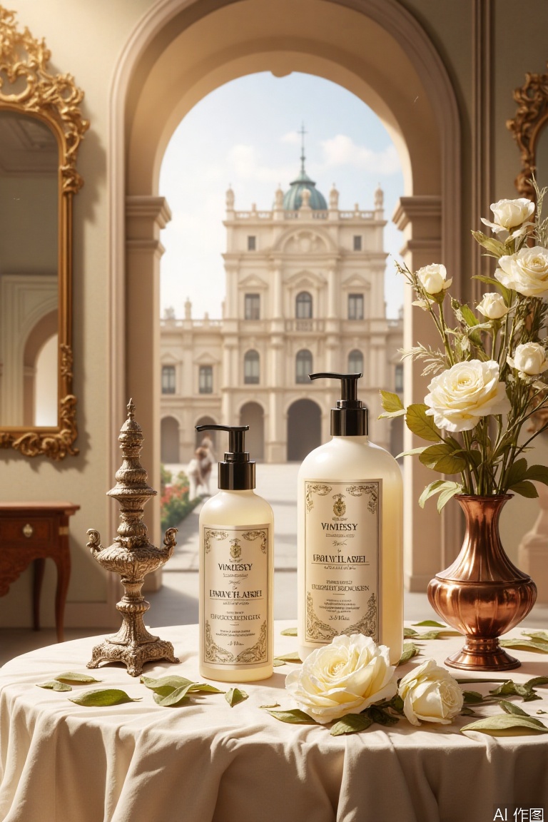 In a retro European setting, two exquisite bottles of body wash stole the show. In the background is an ancient palace building with a long history. Placed on a delicate vintage table, the shower gel bottle is surrounded by vinque-inspired decor such as antique mirrors, copper vases and European tea sets. Dried flower arrangements add to the atmosphere, including dried white roses and camellias, interspersed with dried leaves, evoking a romantic atmosphere. Soft, warm lights bathe the scene and cast a soft glow on the shower gel, highlighting the luxurious quality of the shower gel. The overall composition highlights the imperial temperament of the shower gel.