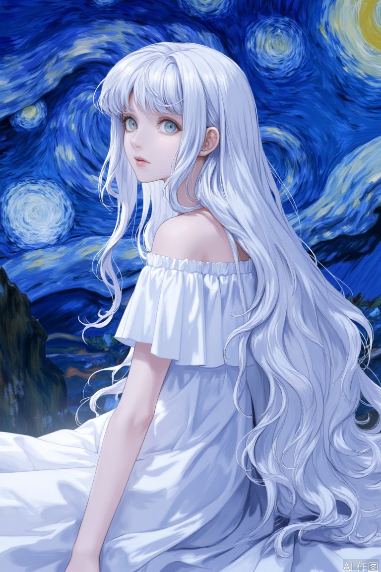  illustration, ((close)),from side,a kawaii girl with long white hair, featuring bangs and captivating blue eyes,sitting,looking at the sky, a path to dreams,(cartoon:1.2),BREAK,beauty,\
(Van Gogh's starry night\:1.2), dreams, health, art, illustrations,Create a dreamlike starry background, warm and beautiful, abstract and realistic, an extremely delicate and beautiful,extremely detailed,8k wallpaper,Amazing,finely detail,best quality,official art,extremely detailed, CG, unity, 8k, wallpaper , Children's Illustration Style, Scribble,
