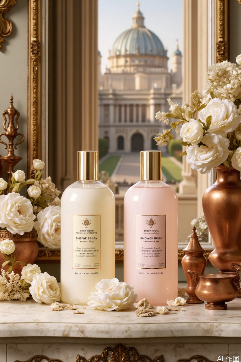 In a retro European setting, two exquisite bottles of body wash stole the show. In the background is an ancient palace building with a long history. Placed on a delicate vintage table, the shower gel bottle is surrounded by vinque-inspired decor such as antique mirrors, copper vases and European tea sets. Dried flower arrangements add to the atmosphere, including dried white roses and camellias, interspersed with dried leaves, evoking a romantic atmosphere. Soft, warm lights bathe the scene and cast a soft glow on the shower gel, highlighting the luxurious quality of the shower gel. The overall composition highlights the imperial temperament of the shower gel.