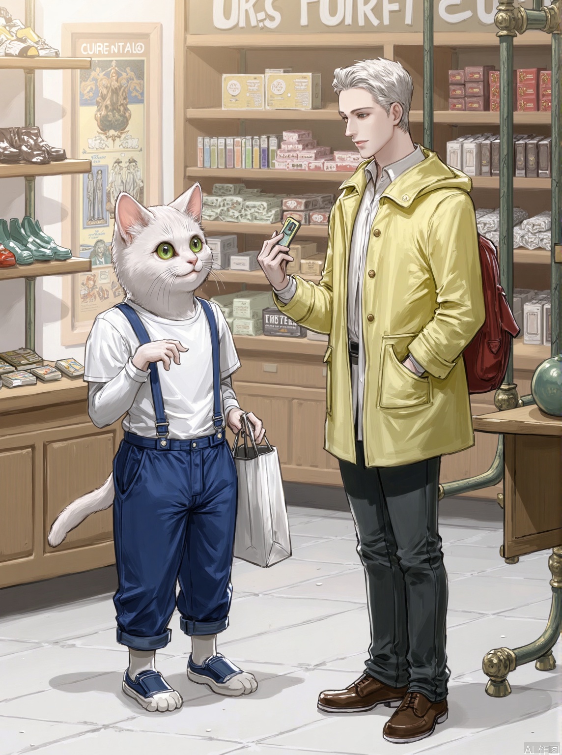 mimi,cat,talk to a man,1man beside,pay a bill,money,super cute,shop,shopping,take a bag,cat wear blue strap pants,cat with super large eyes, mimi,super realistic,