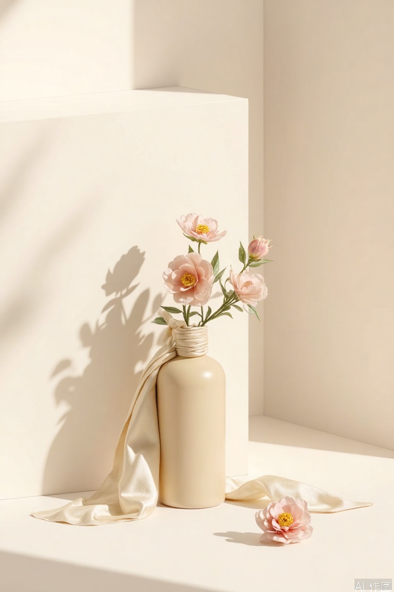 A beige bottle is placed on a simple background, looking up and framed at an angle to reveal a sumptuous scene. Soft light and subtle shadows dart across the left side of the bottle, adding layers and dimension. Silk scarves are elegantly wrapped around the bottle and there are camellias adorning it, adding a touch of sophistication. Delicate floral arrangements add a splash of color and whimsy to the understated theme.The 8K HD image delivers a stunning high-end atmosphere that exudes sophistication and elegance.