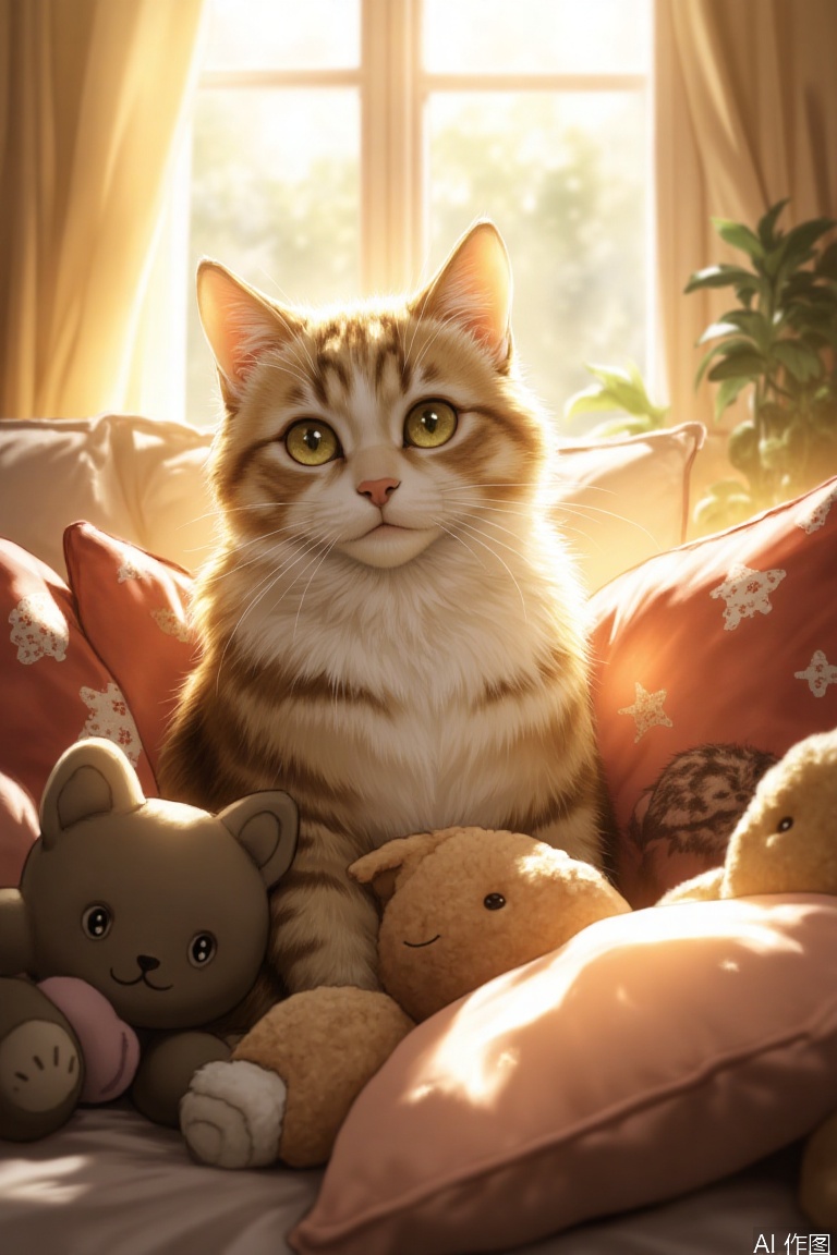 A serene image of a healing cat, its bright eyes shining like warm gemstones, soft fur glistening in the gentle warmth of sunlight filtering through the window, casting a comforting halo around it. The cat's tranquil gaze radiates soothing calmness, as if capable of dispelling all weariness. Surrounded by plush toys and pillows, creating a cozy home environment filled with love, warmth, and tranquility.