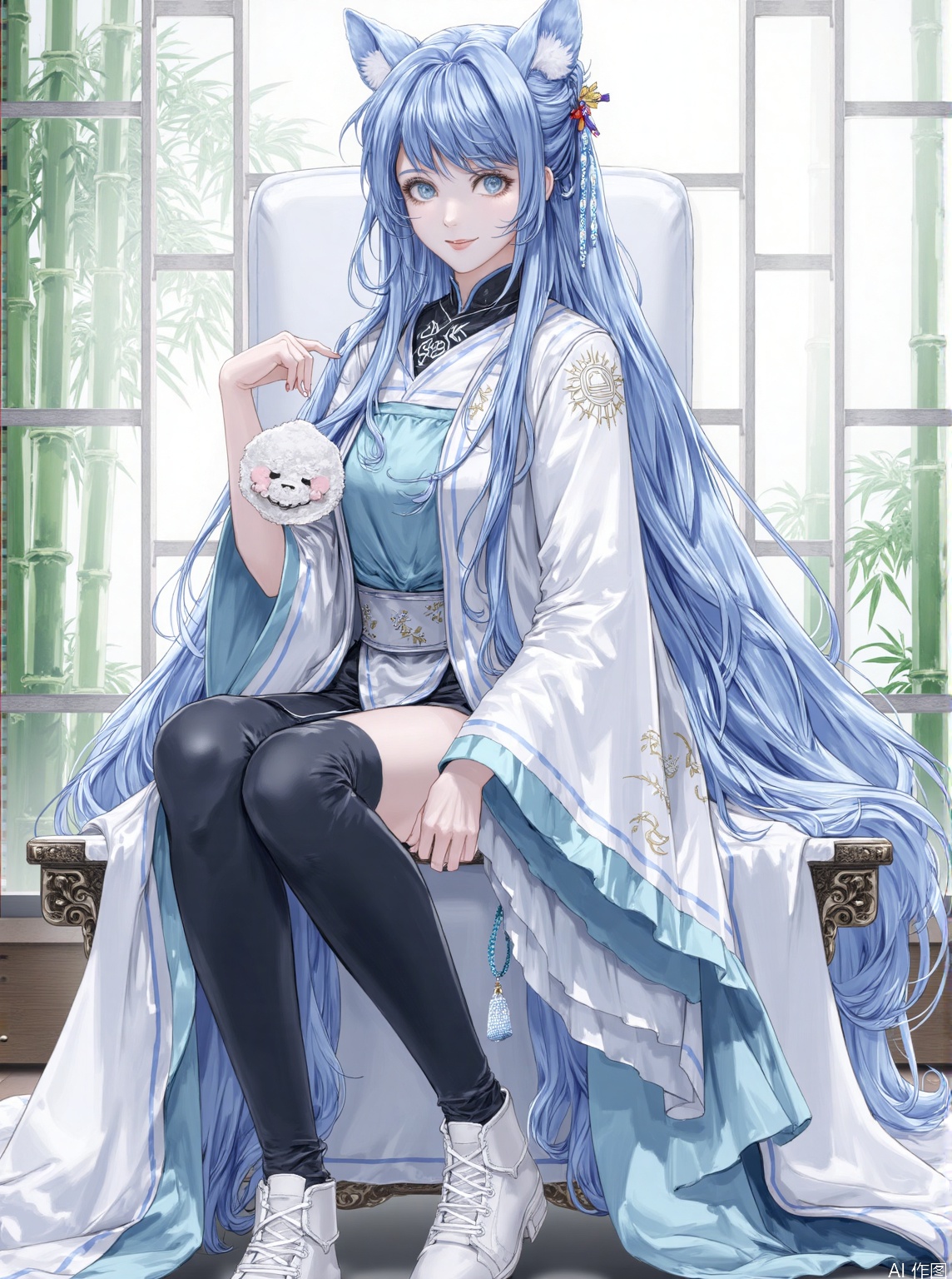 The image is an illustration of a character with anime-style features, predominantly in shades of blue and white. The character has large eyes, blue hair, and is wearing a traditional Chinese dress with a high collar and decorative patterns. The character's pose is relaxed, sitting on a chair, with one leg crossed over the other. The background suggests a serene, possibly historical setting with bamboo and a window that frames the scene. The overall color palette is soft and pastel, contributing to the image's tranquil atmosphere.1girl, solo, long hair, looking at viewer, smile, open mouth, bangs, blue eyes, hair ornament, thighhighs, long sleeves, dress, ribbon, holding, animal ears, twintails, sitting, very long hair, blue hair, full body, braid, frills, detached sleeves, shoes, black thighhighs, wide sleeves, hair bun, white dress, aqua eyes, sleeves past wrists, double bun, aqua hair, chinese clothes, stuffed toy, white footwear, stuffed animal, frilled sleeves, tassel, china dress, sleeves past fingers,.(all body) (Show whole body),(all body),(artist:quasarcake:0.8),extreme aesthetic,(wlop:0.6),masterpiece,best quality,good quality,newest,very aesthetic,absurdres,Visual impact,A shot with tension, ultra-high resolution,32K UHD,sharp focus,best-quality,masterpiece,Emotionalization,unconventional supreme masterpiece,masterful details,temperate atmosphere,with a high-end texture,in the style of fashion photography, (Visual impact:1.2),visually striking appearance,impactful picture,offcial art,colorful,splash of color,movie perspective, masterpiece,best quality,amazing quality,very aesthetic,absurdres,best quality,newest
