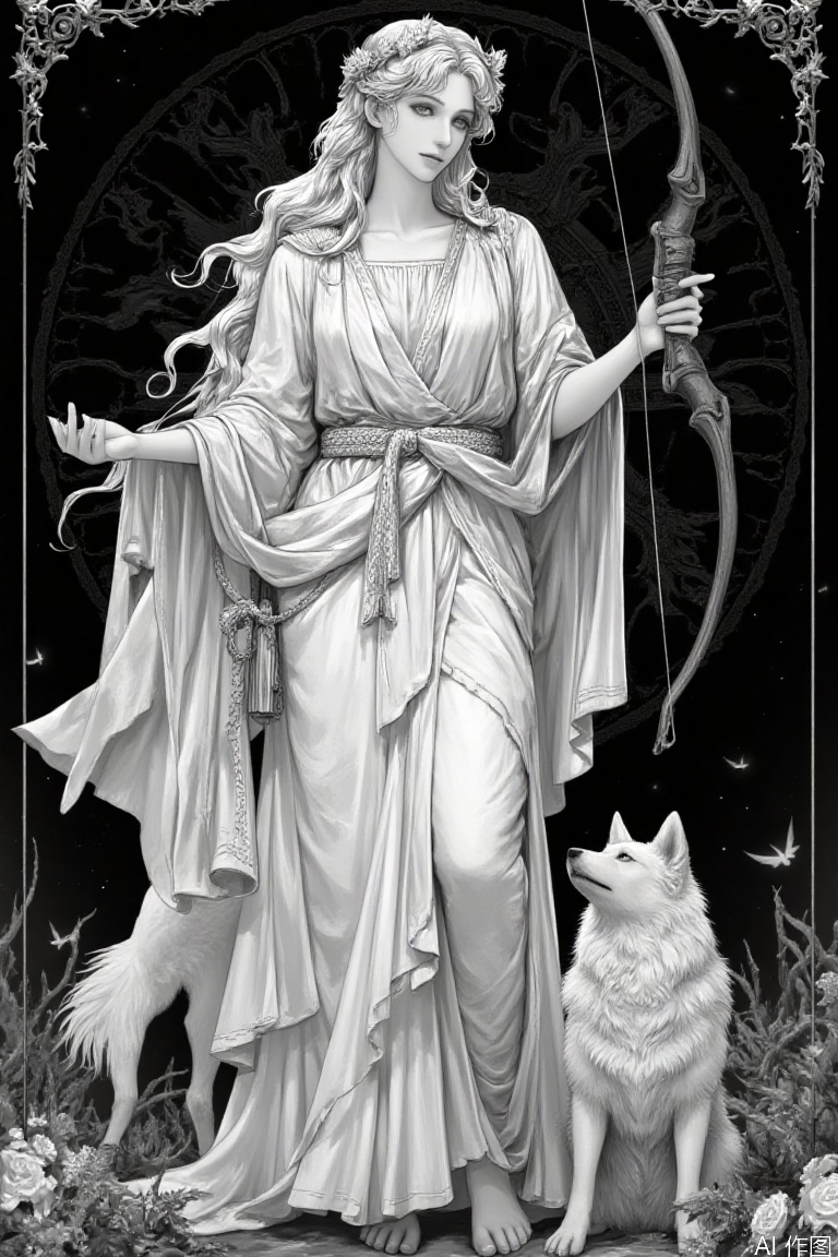  (((masterpiece))), best quality,realistic,(best quality), {{masterpiece}}, {highres}, original, extremely detailed 8K wallpaper), (full body:1.2),  pretty girl, Artemis, in ancient Greek style clothing,  the goddess of Hunting, with hunting dogs aside, (from a distance:1.2), (wide view:1.2), sharp line art, mysterous Tarot background, flat, nijistyle, high_contrast, bianpingshouhui
