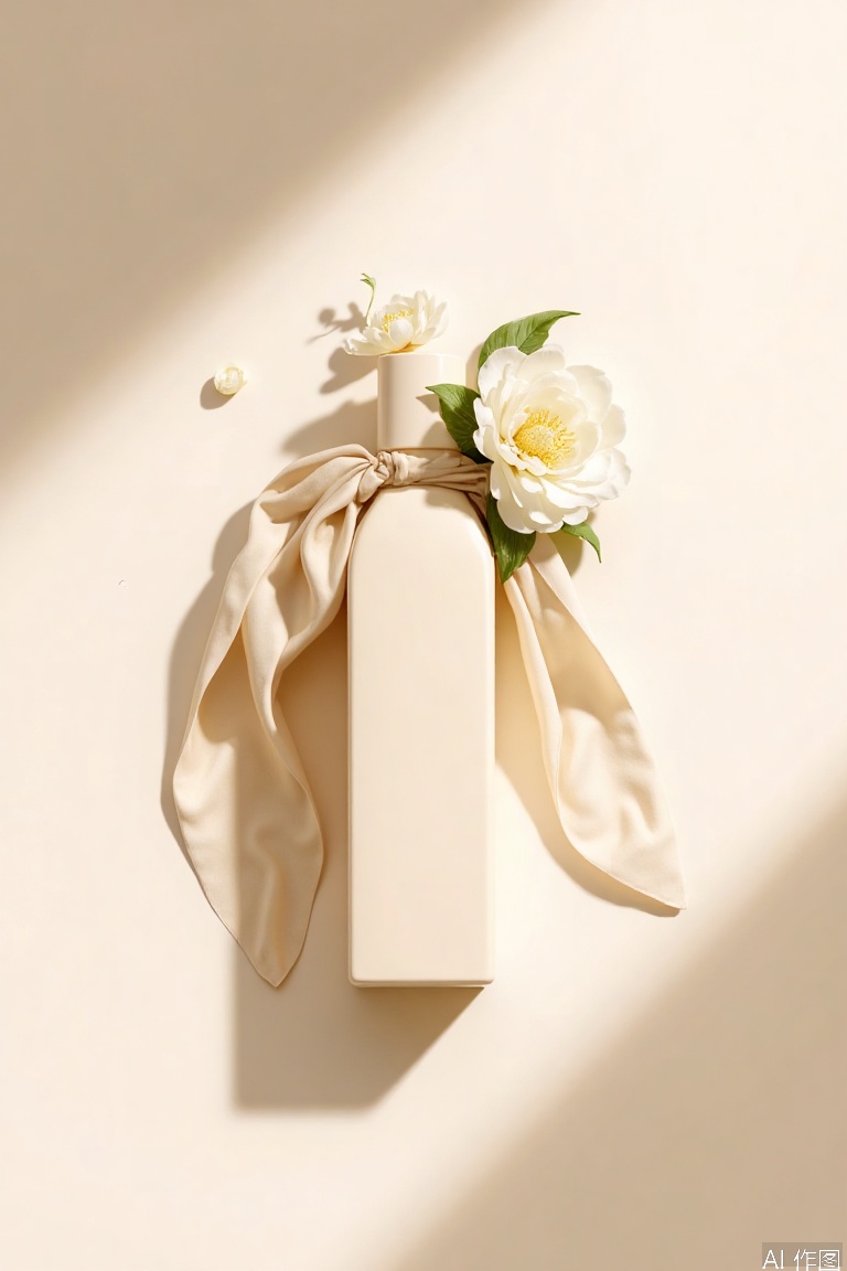 A beige bottle is placed on a simple background, looking up and framed at an angle to reveal a sumptuous scene. Soft light and subtle shadows dart across the left side of the bottle, adding layers and dimension. Silk scarves are elegantly wrapped around the bottle and there are camellias adorning it, adding a touch of sophistication. Delicate floral arrangements add a splash of color and whimsy to the understated theme.The 8K HD image delivers a stunning high-end atmosphere that exudes sophistication and elegance.