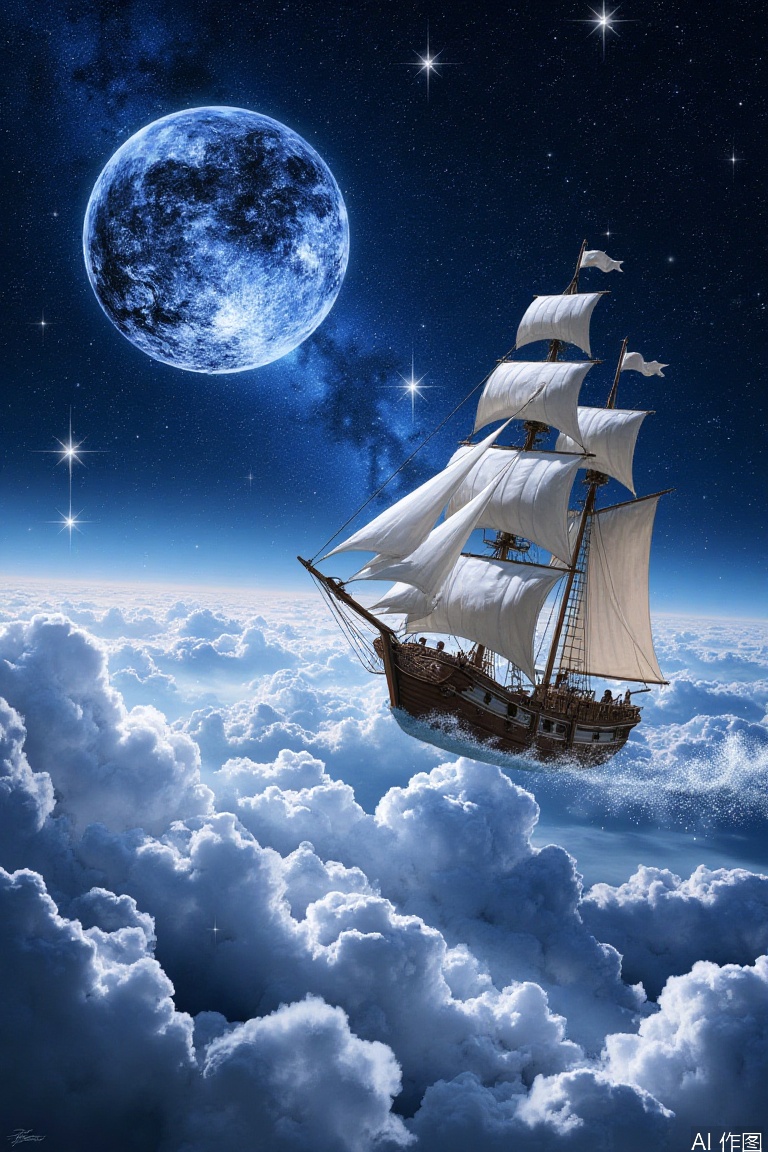  (Digital Mosaic art:2),Mosaic Tile Art,Mosaic,
magic flying explorer approaching the pleiades aboard a magical sailboat in the sky,mist fog,gravity-defying,aloft flight,night sky,cosmic,
