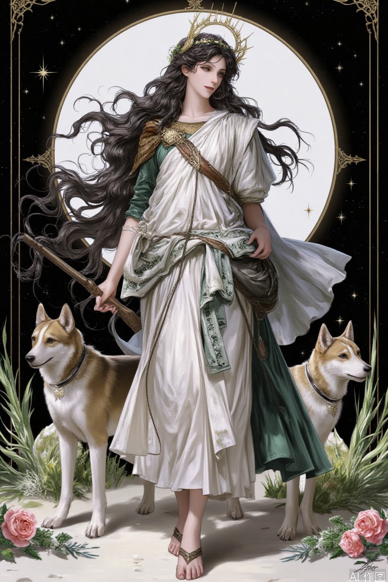  (((masterpiece))), best quality,realistic,(best quality), {{masterpiece}}, {highres}, original, extremely detailed 8K wallpaper), (full body:1.2),  pretty girl, Artemis, in ancient Greek style clothing,  the goddess of Hunting, with hunting dogs aside, (from a distance:1.2), (wide view:1.2), sharp line art, mysterous Tarot background, flat, nijistyle, high_contrast, bianpingshouhui