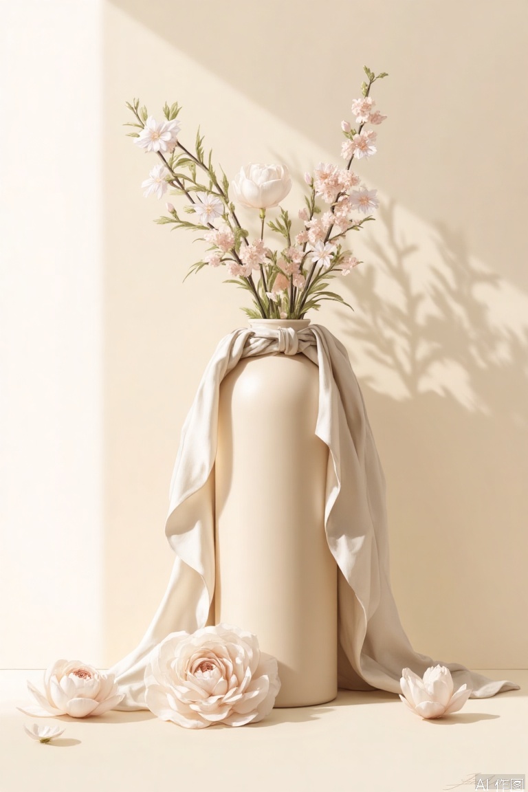 A beige bottle is placed on a simple background, looking up and framed at an angle to reveal a sumptuous scene. Soft light and subtle shadows dart across the left side of the bottle, adding layers and dimension. Silk scarves are elegantly wrapped around the bottle and there are camellias adorning it, adding a touch of sophistication. Delicate floral arrangements add a splash of color and whimsy to the understated theme.The 8K HD image delivers a stunning high-end atmosphere that exudes sophistication and elegance.