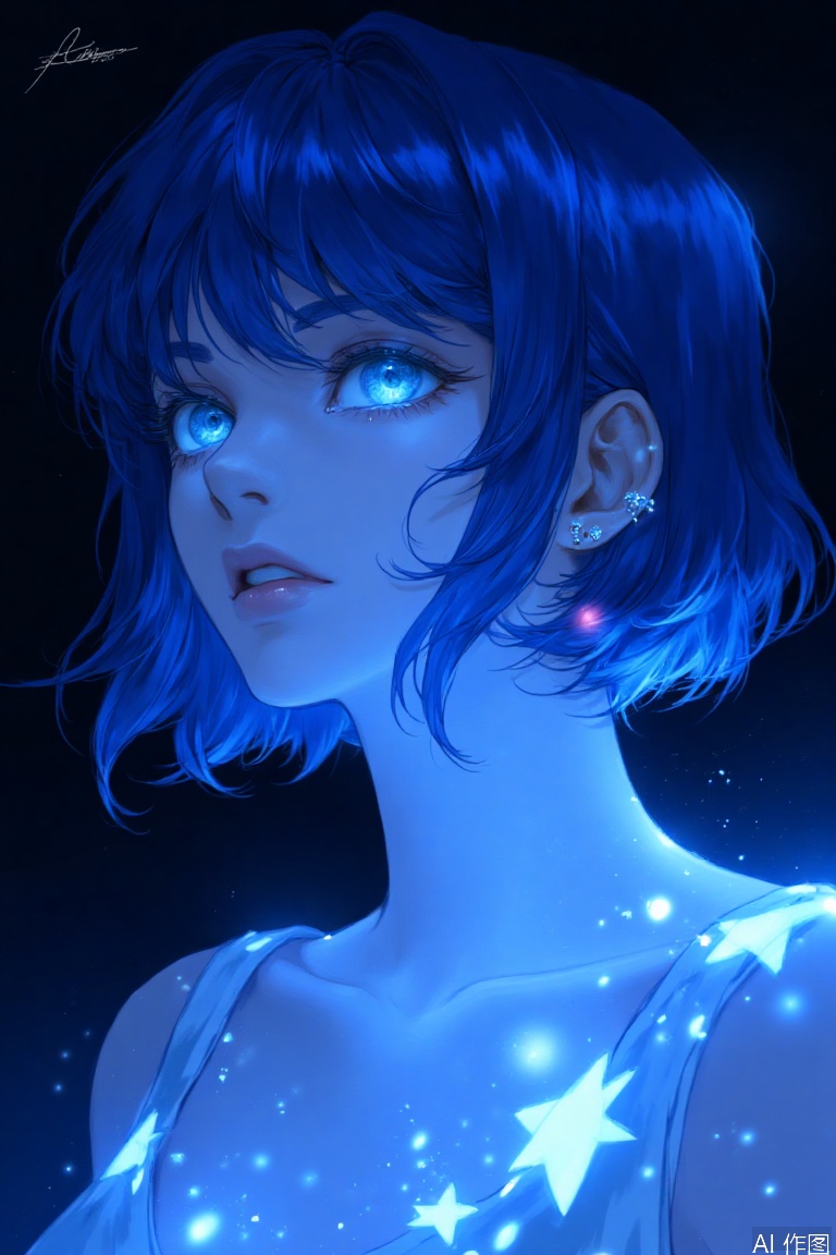  (blue light particles:1.5),Light particle skin,Light particle energy fluid,(Light particles covering the body:1.5),Light Particle Art,Light particle effects,1girl,blue skin,blue eyes,earrings,jewelry,light particles,parted lips,blue hair,solo,Light particles covering the body, glow