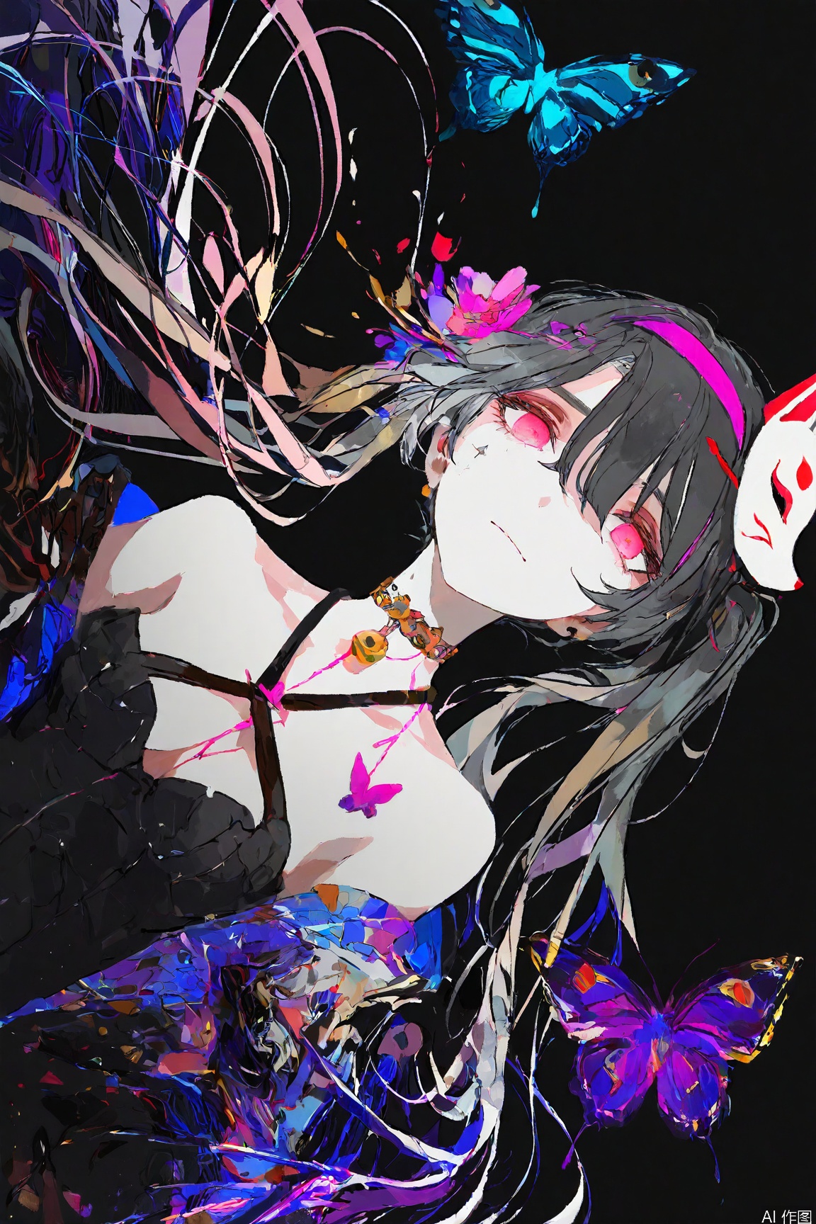 [artist: wlop],artist: hitenkei,good work,(best quality),illustration,depth of field,(color),masterpiece,best quality,
1girl,solo,long hair,breasts,bangs,simple background,hair ornament,white background,dress,hair between eyes,bare shoulders,closed mouth,upper body,flower,hairband,off shoulder,butterfly,blue butterfly,Black hair,Red pupil,///,1girl,huahuo,twintails,fox mask,mask on head,choker,jingle bell,tattoo,high quality,
(dark),(sideways),((glowing)),glitch,horror \(theme\),vibrant,black background,colorful,abstract,bioluminescence,double exposure,distortion,holographic clothing,bloom,backlighting,sidelighting,
rella,wanke,konya karasue,yadu nadu,menma \(enaic31\),(quasarcake:0.8),john kafka,(otonoha aika),konya karasue,eye trail,