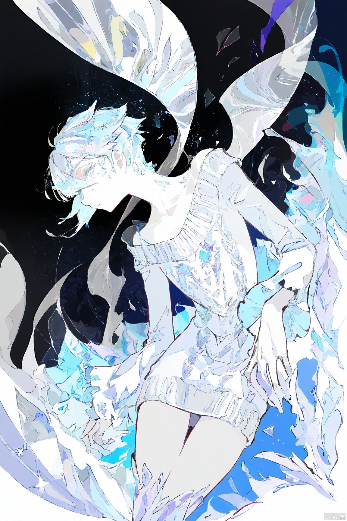 best_quality,masterpiece,(yoneyama mai:0.5),(WANKE:0.5),(noyu (noyu23386566):0.5),Antarcticite \(houseki no kuni\),solo,cute painting style,white hair,sparkly white eyes,short hair,dark background,(bare neck),pale skin,flat chest,white sweater dress,scarf,long sleeves,intricate embroidery,white gems,winter,glacier,shards,luminescence,limited palette,neon,glowing outline,floating in the air,sparkling,vivid colors reflects,light of particles,vibrant,white theme,colorful,dynamic angle,volumetric lighting,dark,intricate details,8k,wallpaper,professional illustration