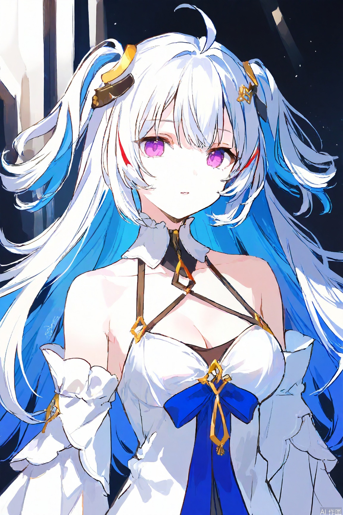 1girl, solo, long hair, breasts, looking at viewer, bangs, hair ornament, dress, cleavage, bare shoulders, medium breasts, blue hair, purple eyes, collarbone, upper body, ahoge, white hair, multicolored hair, parted lips, detached sleeves, white dress, two-tone hair, two side up, colored inner hair
