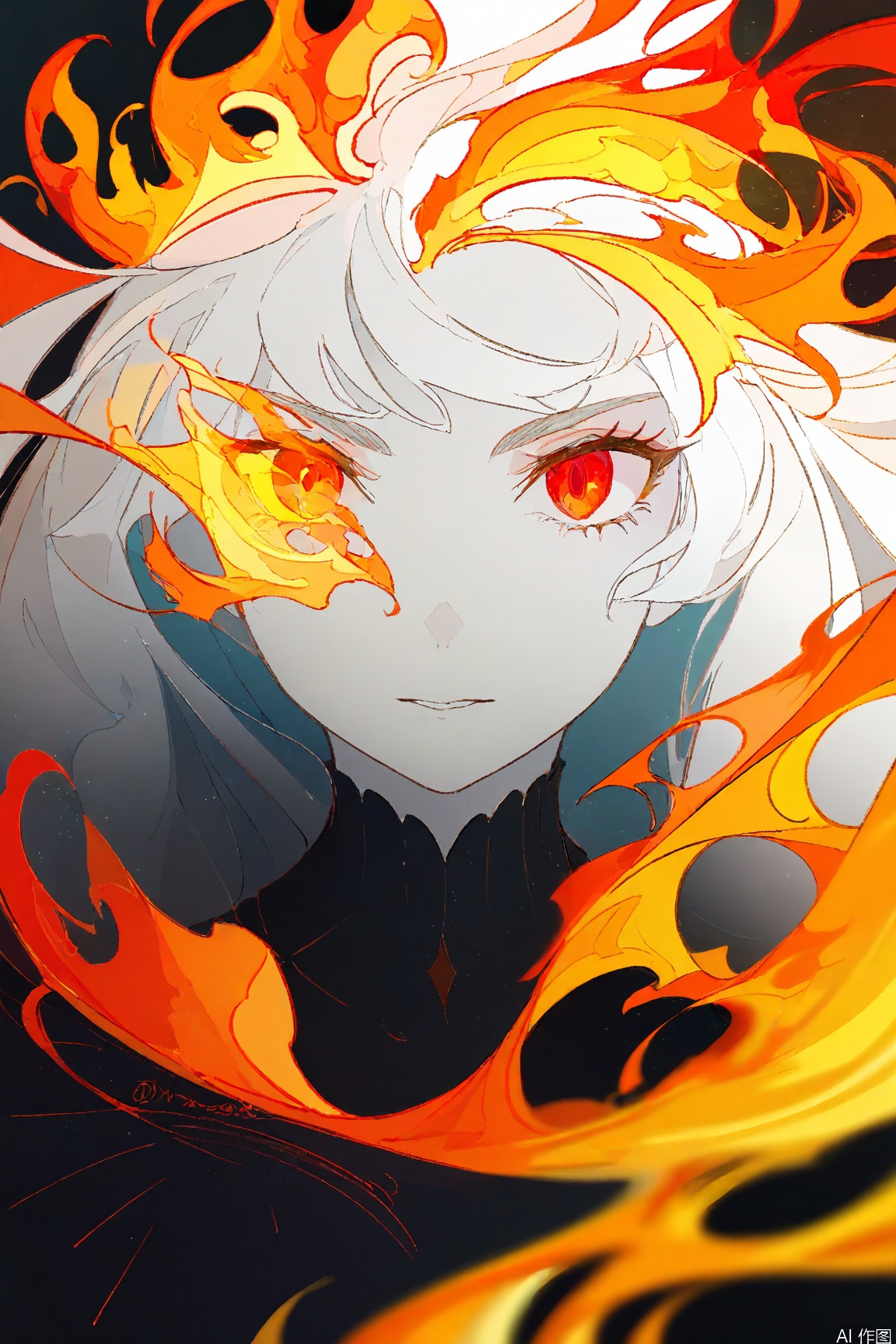 1girl,flaming hair,eyelashes,close-up,flame,fire,embers,glow,red eyes,intense gaze,warm and fiery atmosphere,dynamic flame swirling around the hair,highlighting the shine and transparency of the crystal elements inside the hair,main colors: Fiery red and yellow orange,exquisite light and shadow effects,enhanced contrast between flame and crystal,Super high resolution,front view,direct eye contact,symmetrical frame,movie lighting,backlight,light particles,Glowing Eyes,Depth of Field,Blurred Background,Masterpieces,