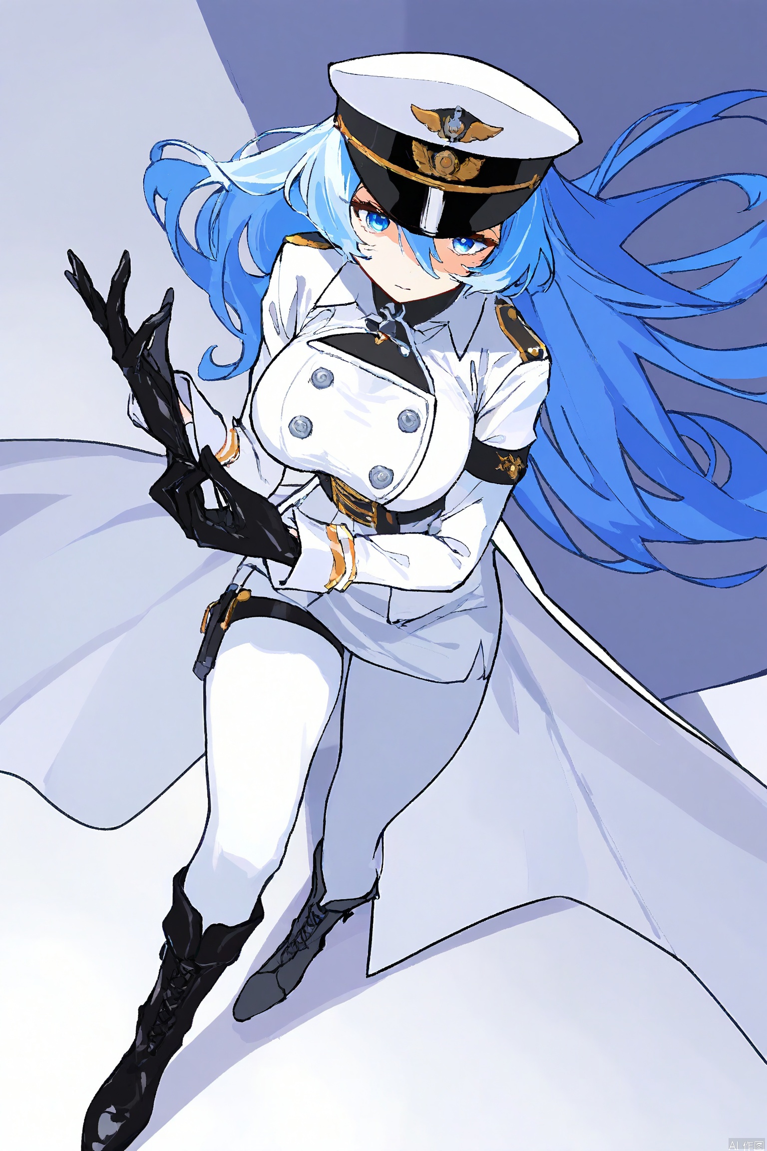 Simple Flat Coloring,lightshadow,line art,comic style,Nai3 style,line art,Nai3 style,HG2512,line art,comic style,masterpiece,best quality,very aesthetic,1 sister,incredibly detailed,extremely delicate and beautiful,Noise and grain,huge filesize,amazing quality,white German clothes,silhouette,blue eyes,blue color vibe,trench coat,a fluttering hem,head down,looking at viewer,military hat,foreshortening,dynamic angle,hat tip,blue eyeshadow,blue hair,long hair,hair between eyes,disheveled hair,glamor,thigh holster,leather gloves,adjusting gloves,from above,Ice World,Expose your thighs,Boots,wearing a white skirt,Big breasts,Arrogant expression,The whole body is dressed in white,Blue tones,