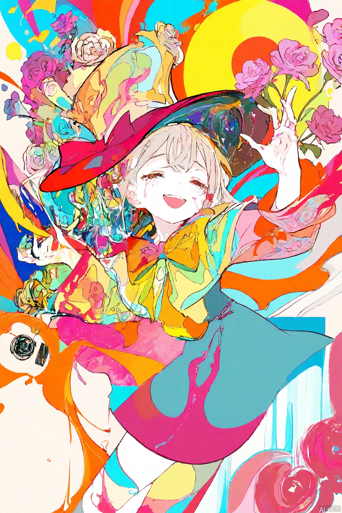score_9,score_8_up,score_7_up,1girl,loli,headwear,solo,flames,liquid,flower,background,laugh,silent,extended forward,colorful,best quality,amazing quality,very aesthetic,absurdres,magical,