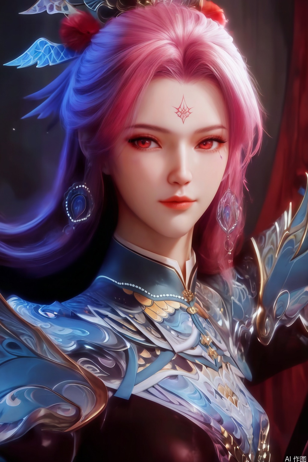 score_9_up,score_8_up,score_7_up,(Masterpiece, Best Quality, High Resolution, 8K Raw),absurdres, highres, Expressiveh,
1girl, solo, looking at viewer, hair ornament, red eyes, closed mouth, pink hair, shiny, looking to the side, facial mark, portrait, forehead mark, illustration,CG,